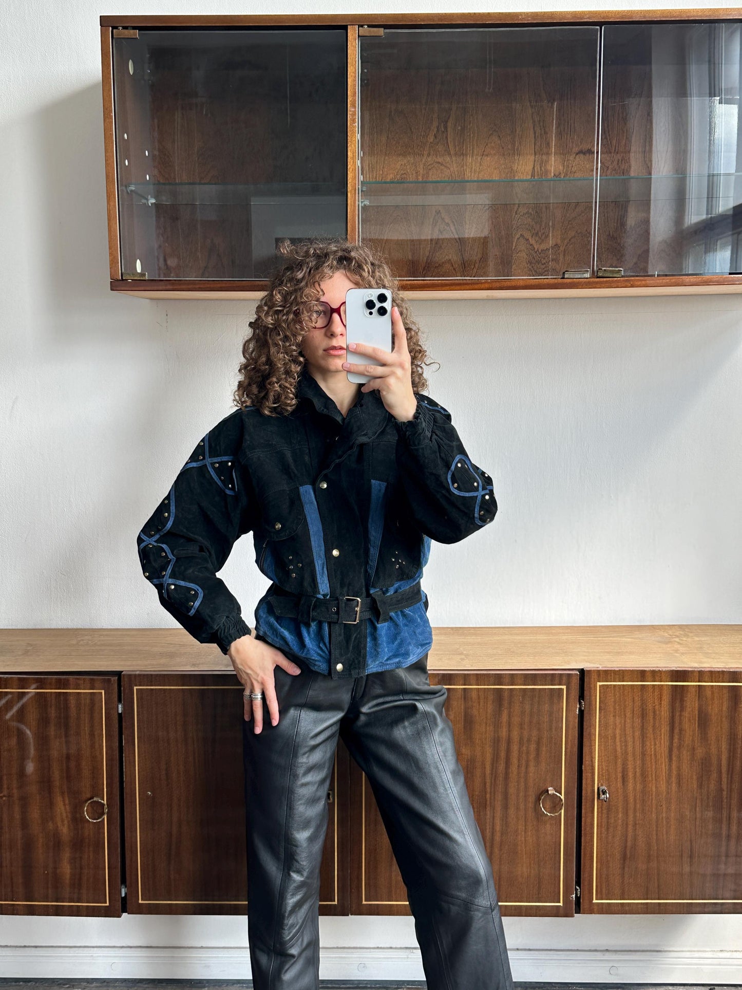 Vintage 90s Suede Leather Motorcycle Bomber Jacket - Black, Cropped Dolman Sleeve