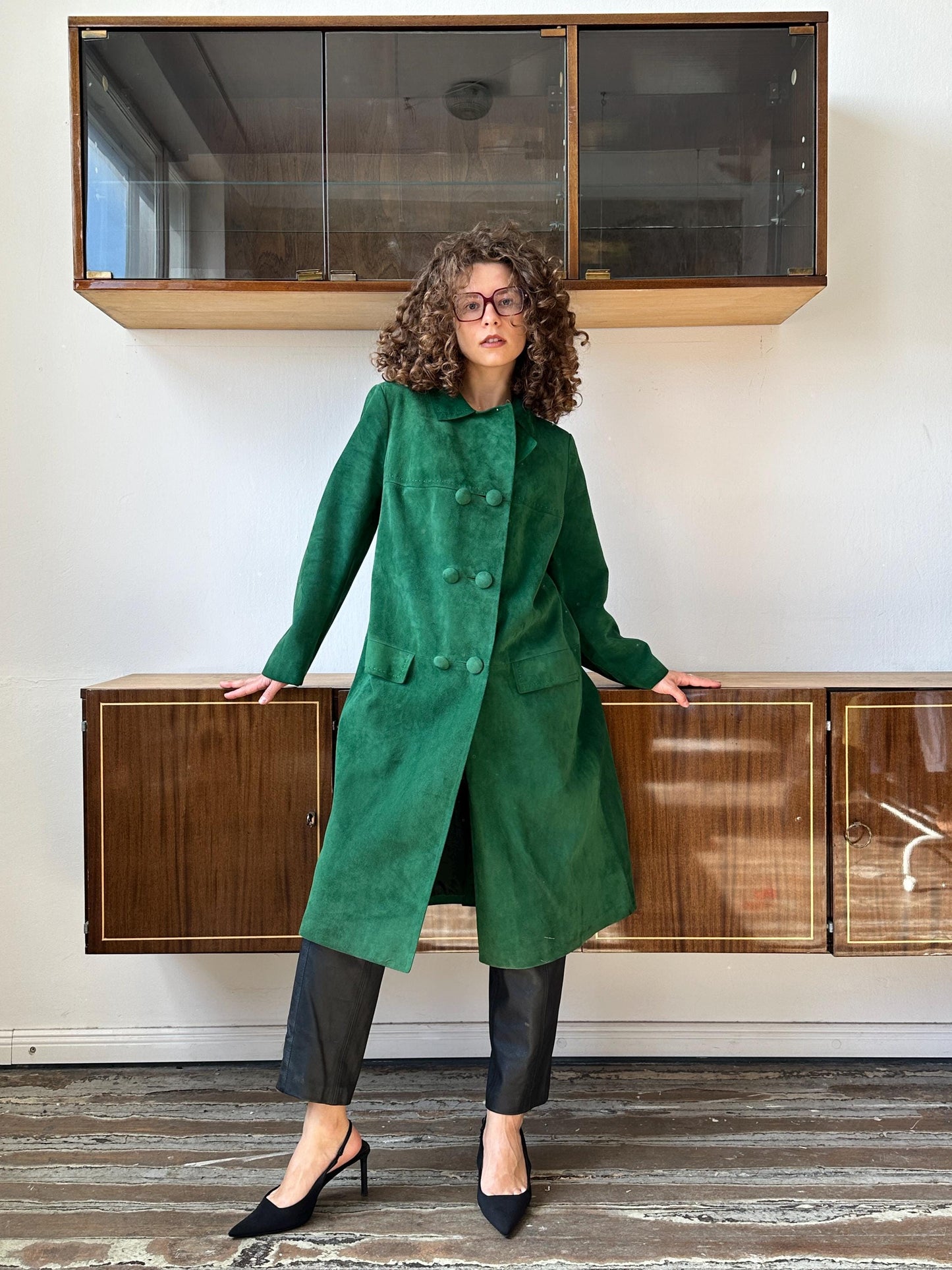 Vintage straight suede leather coat in bright green