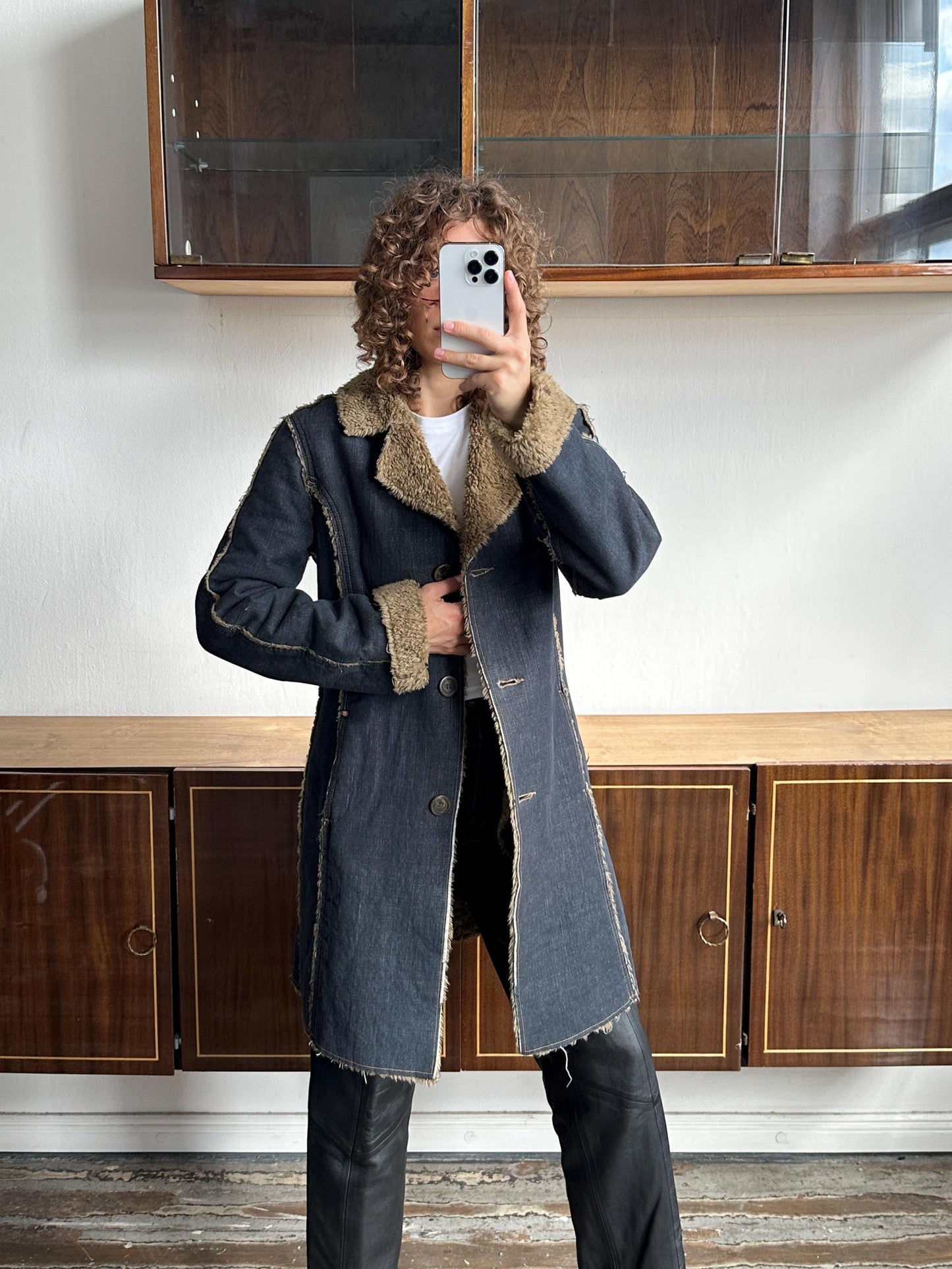 Vintage 90s denim coat with faux fur coat