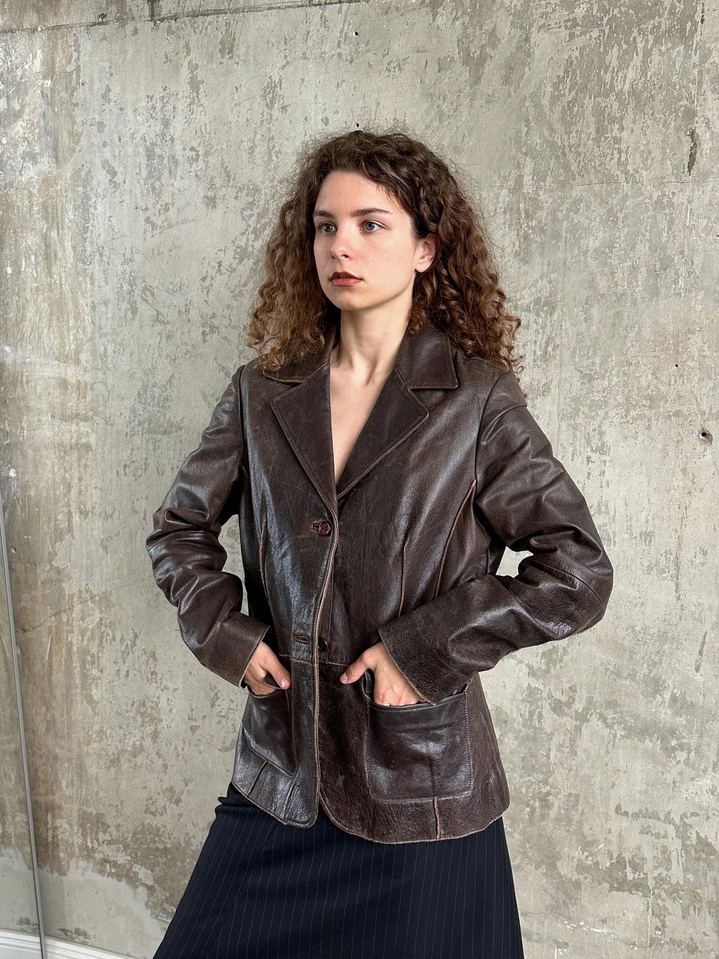 Vintage Brown Leather Tailored Blazer Jacket | Distressed Worn-In Leather