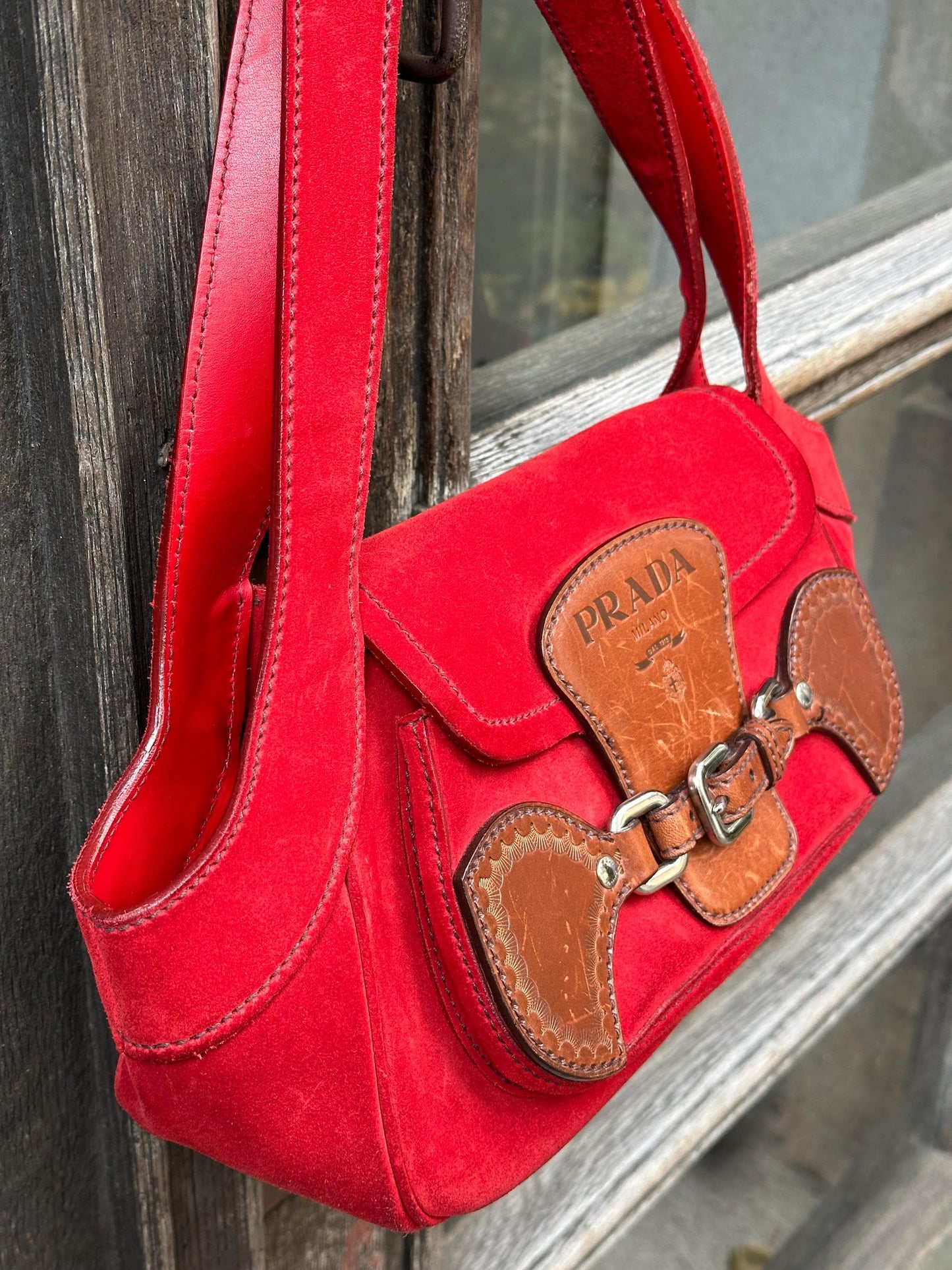 Vintage PRADA suede leather handbag in red