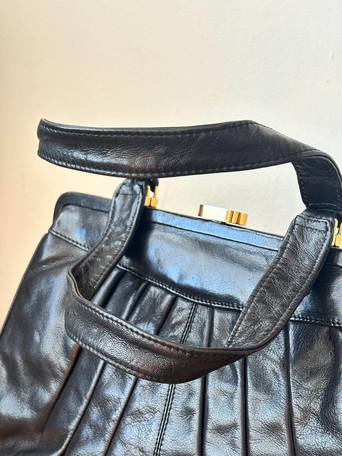 Vintage 90s Structured Top Handle Faux Leather Bag In Black