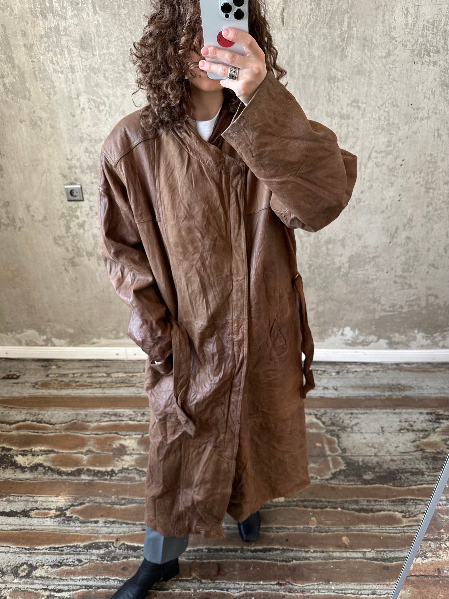 Vintage 90s genuine leather coat in brown, belted coat