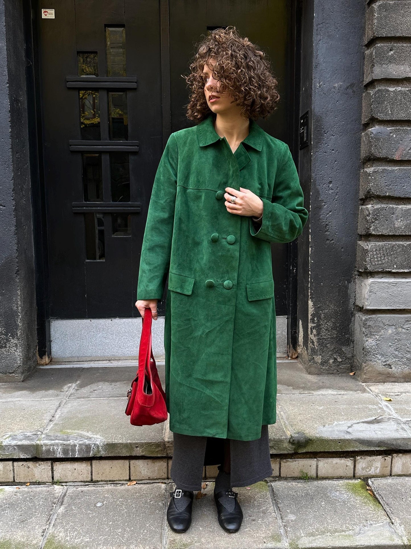 Vintage straight suede leather coat in bright green