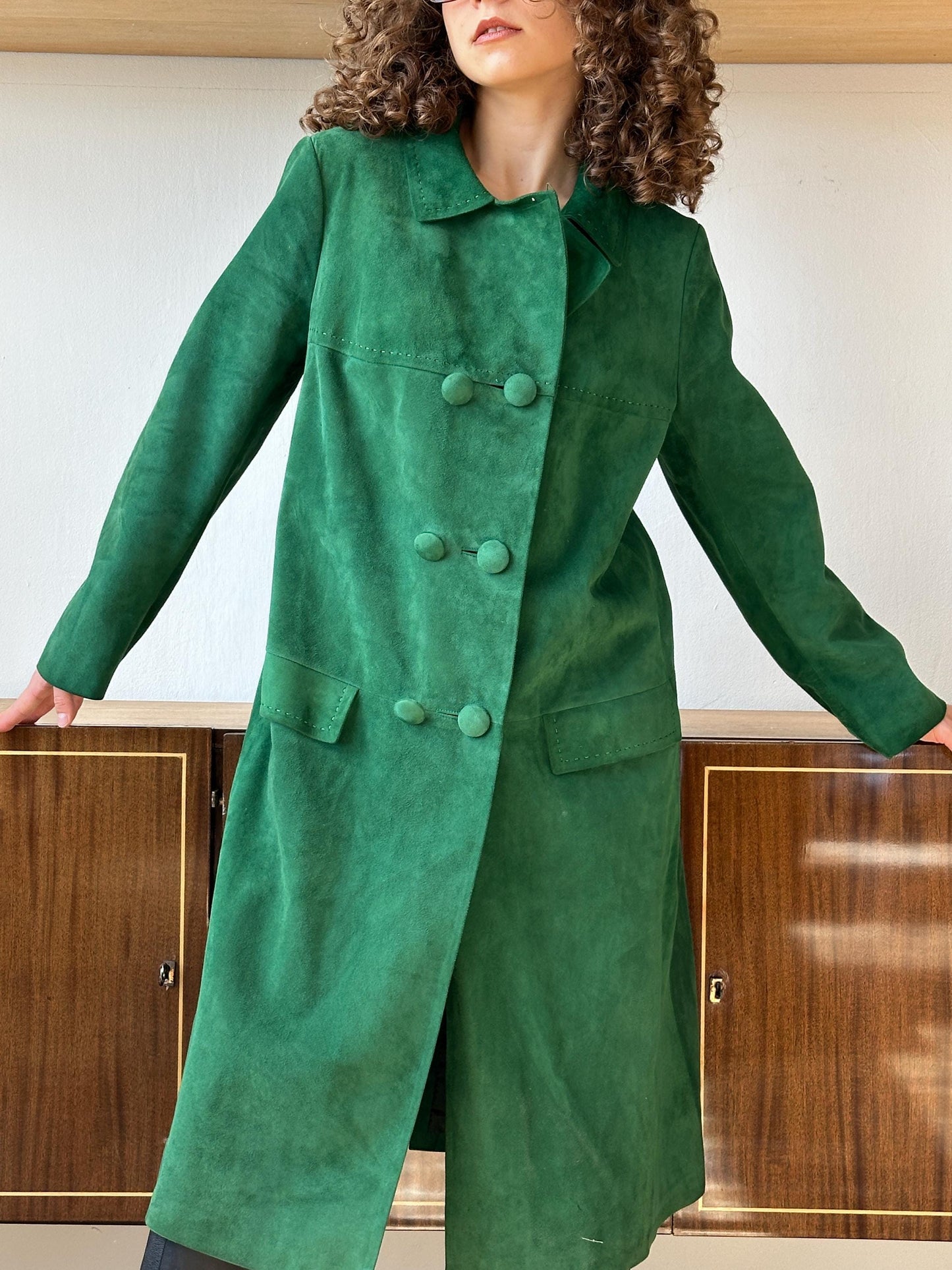 Vintage straight suede leather coat in bright green