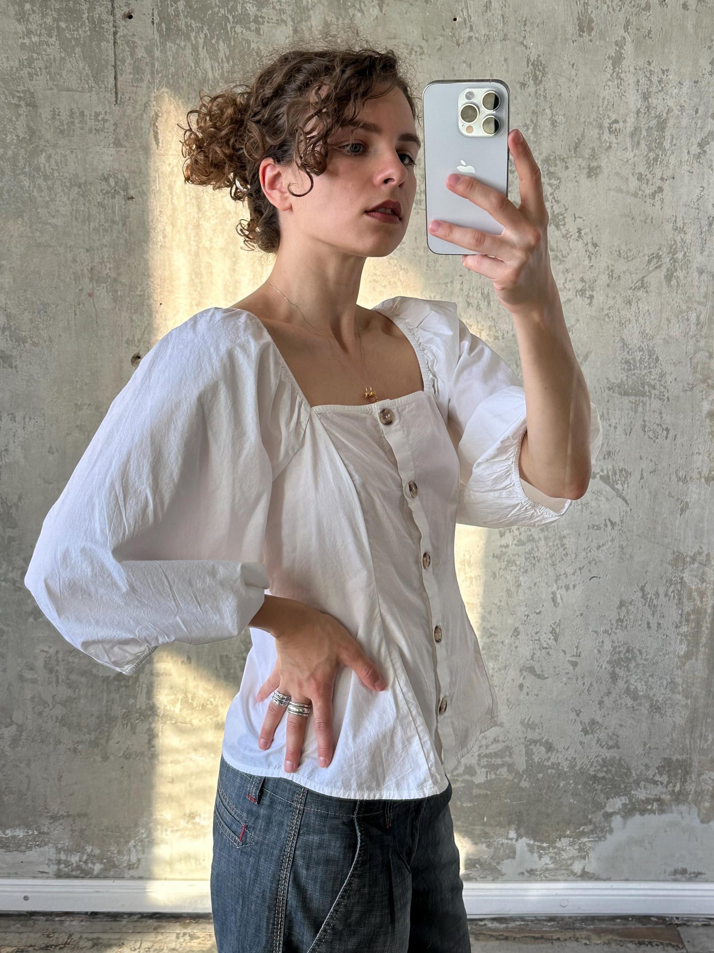 Vintage cotton blouse with balloon sleeves in white