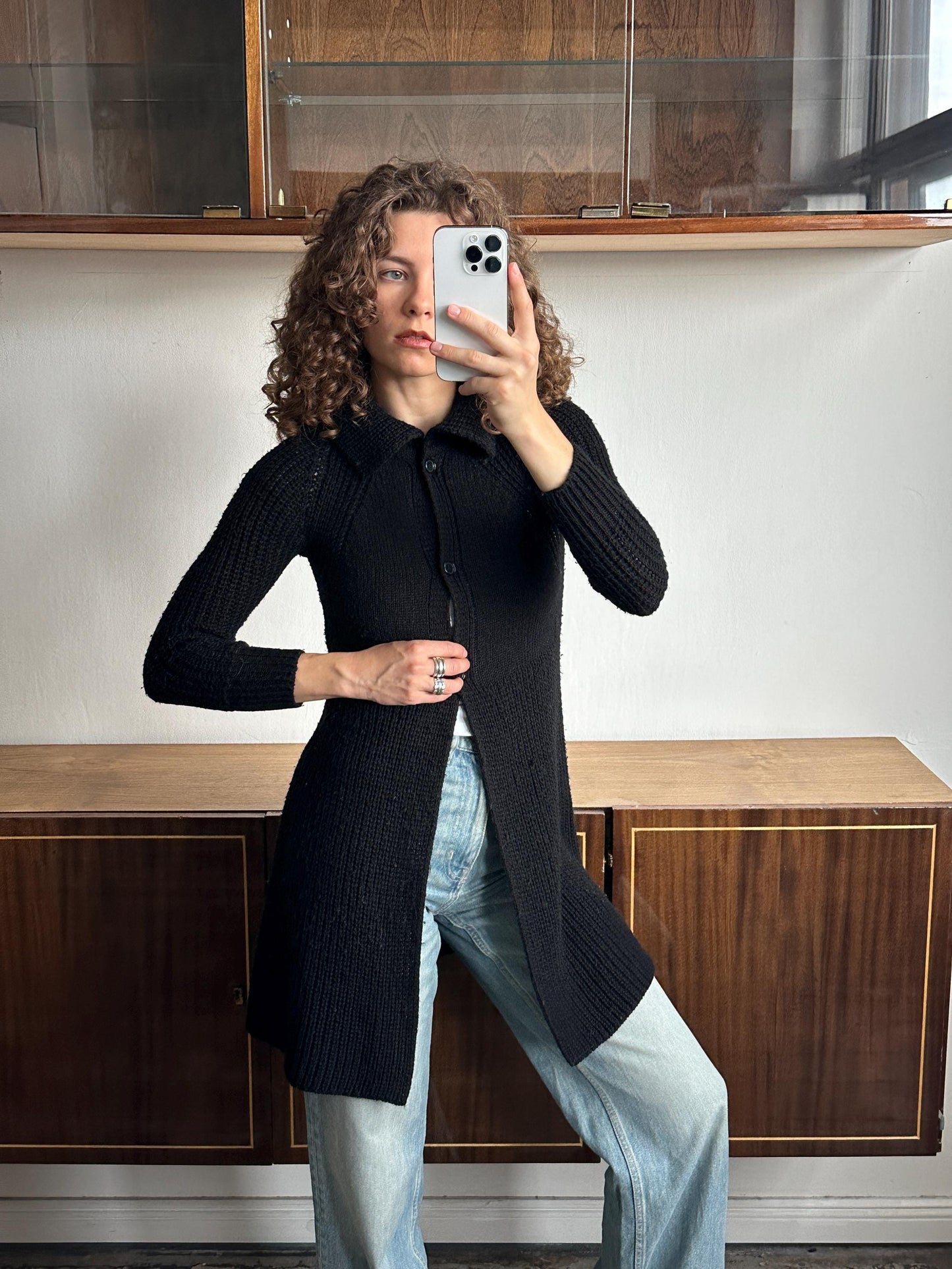 Vintage cardigan in black, button-down knit dress