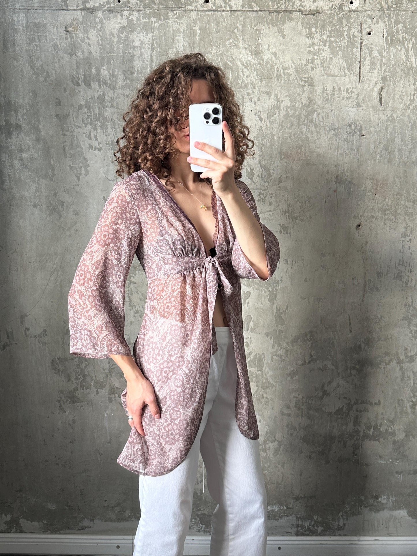 Vintage sheer blouse / nightie dress with floral print in purple