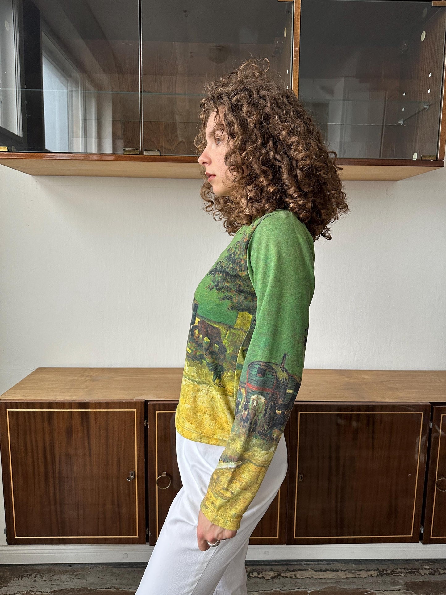 Vintage cotton sweatshirt in green with abstract nature print