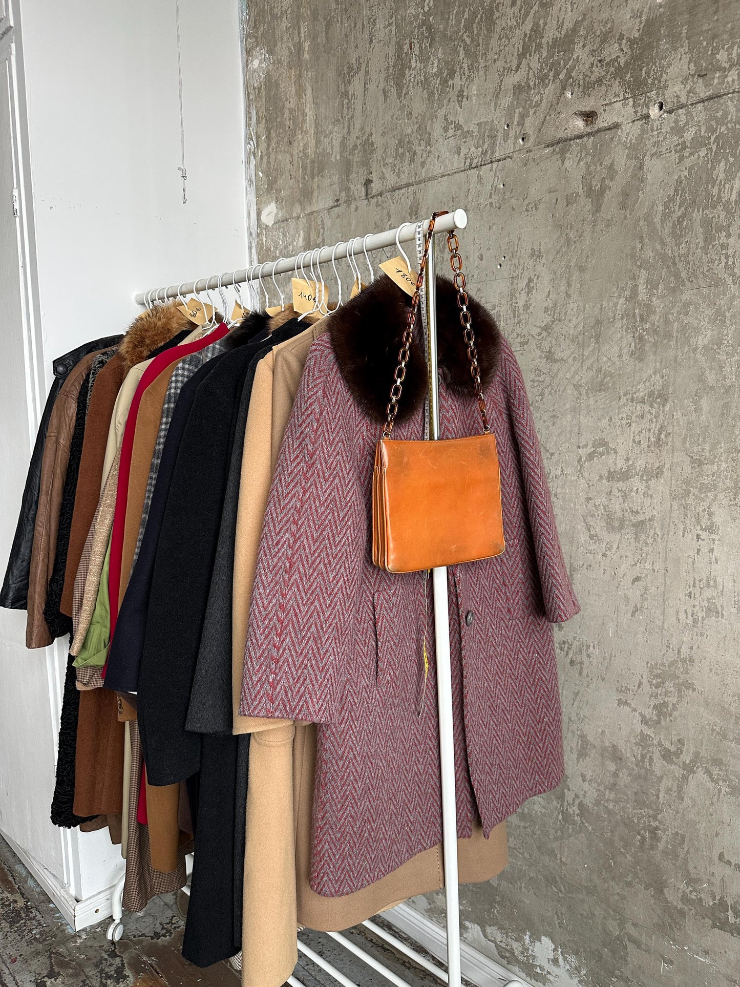 Vintage 60s–70s dusty rose wool herringbone coat