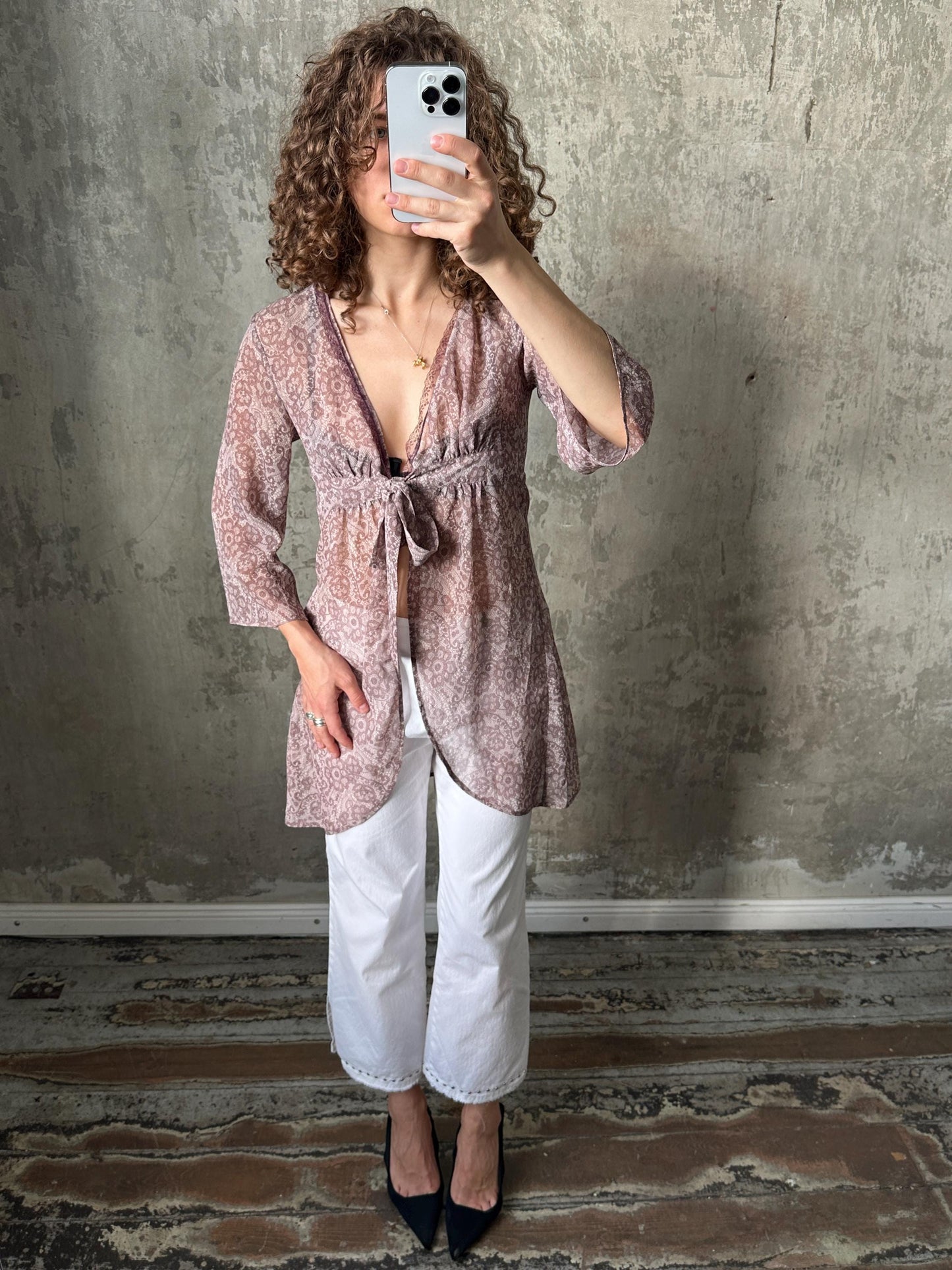 Vintage sheer blouse / nightie dress with floral print in purple