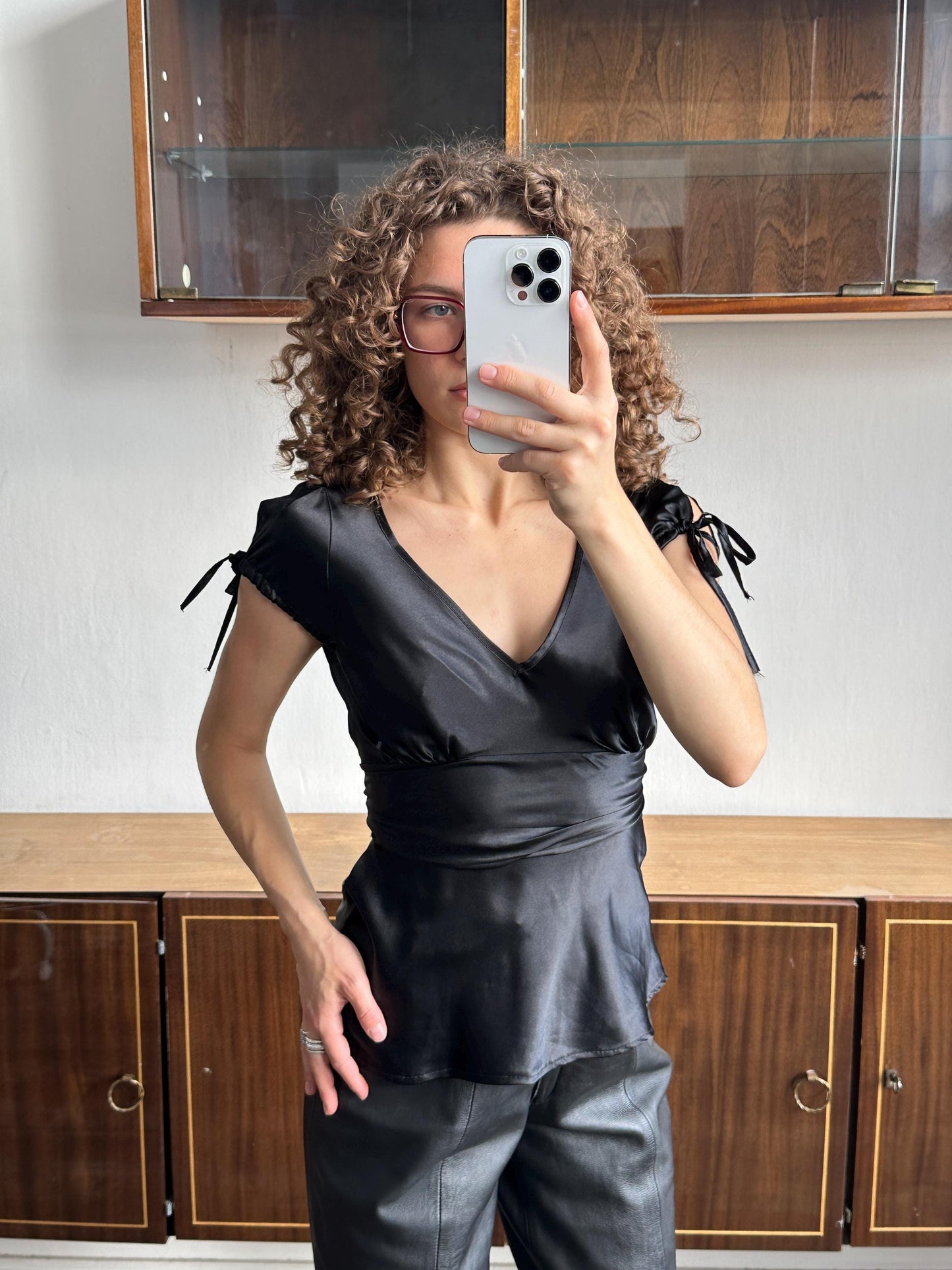 Vintage belted satin top/blouse in black