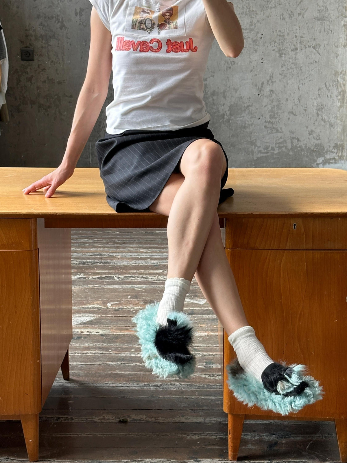 Vintage Prada Milano Shearling Fur Slipper | Mint Green & Black Furry Slides | US 6