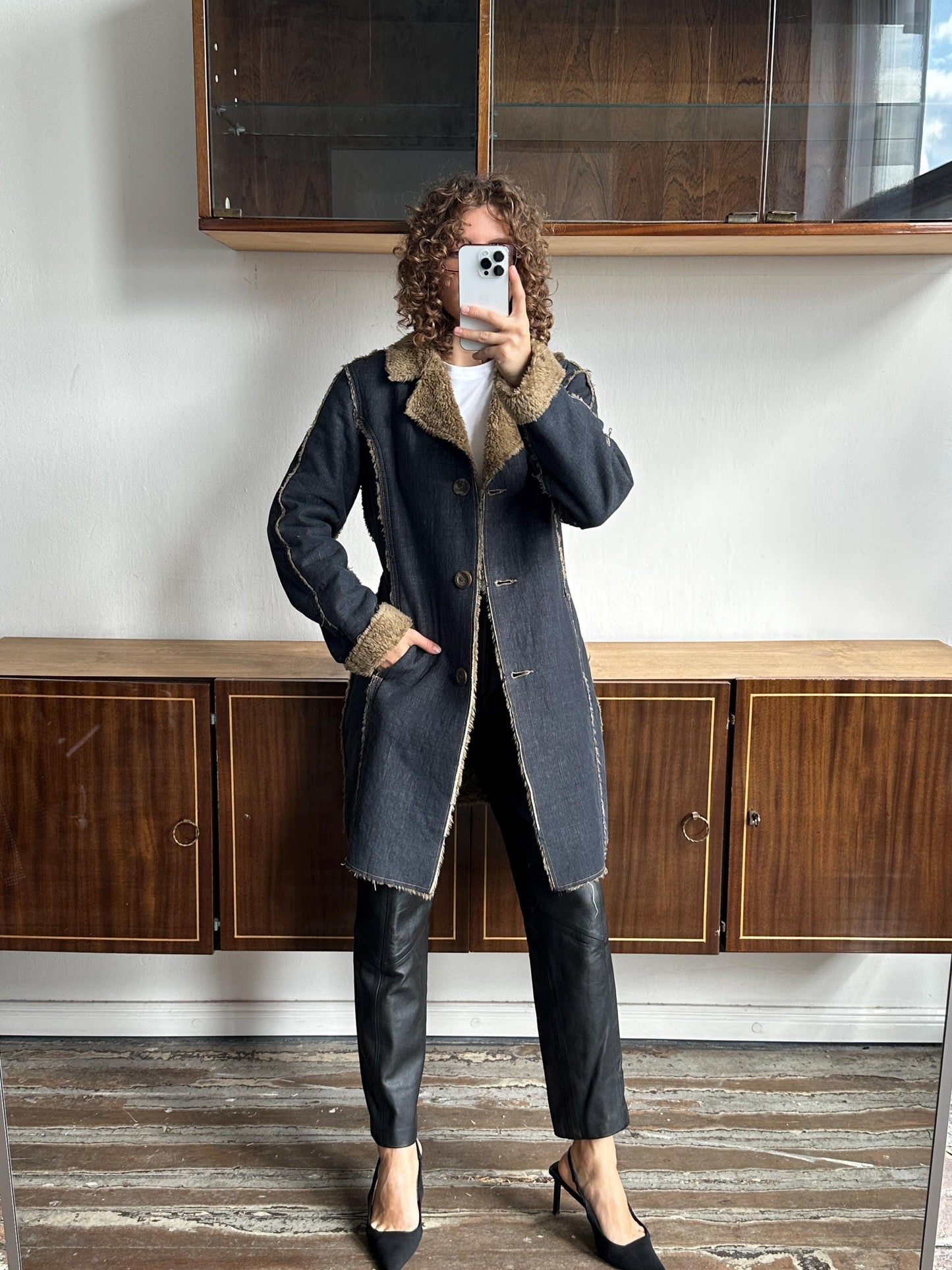 Vintage 90s denim coat with faux fur coat