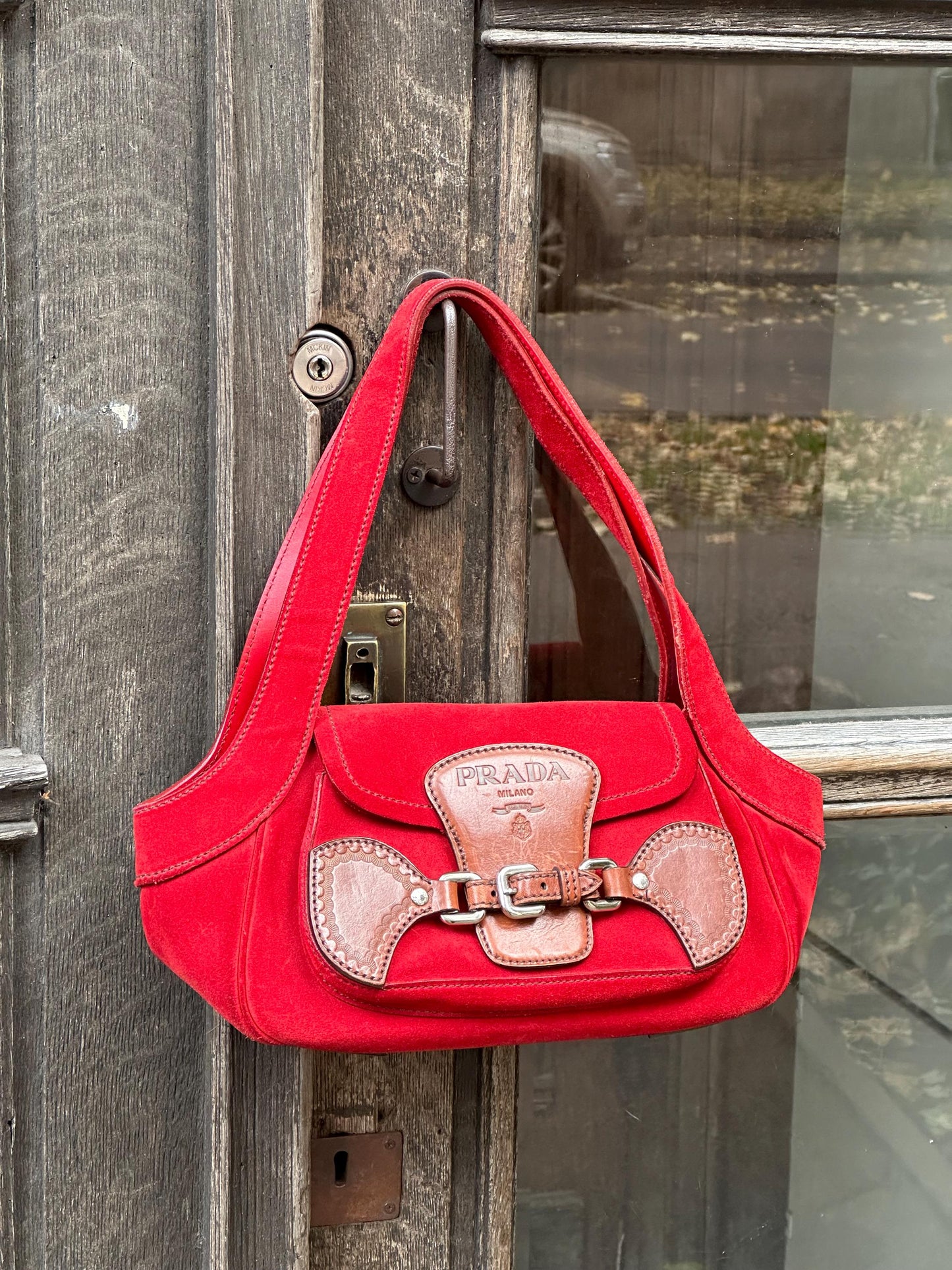 Vintage PRADA suede leather handbag in red