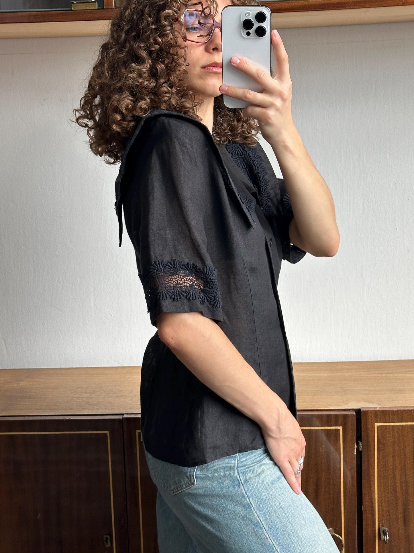 Vintage linen blouse in black with floral embroidery