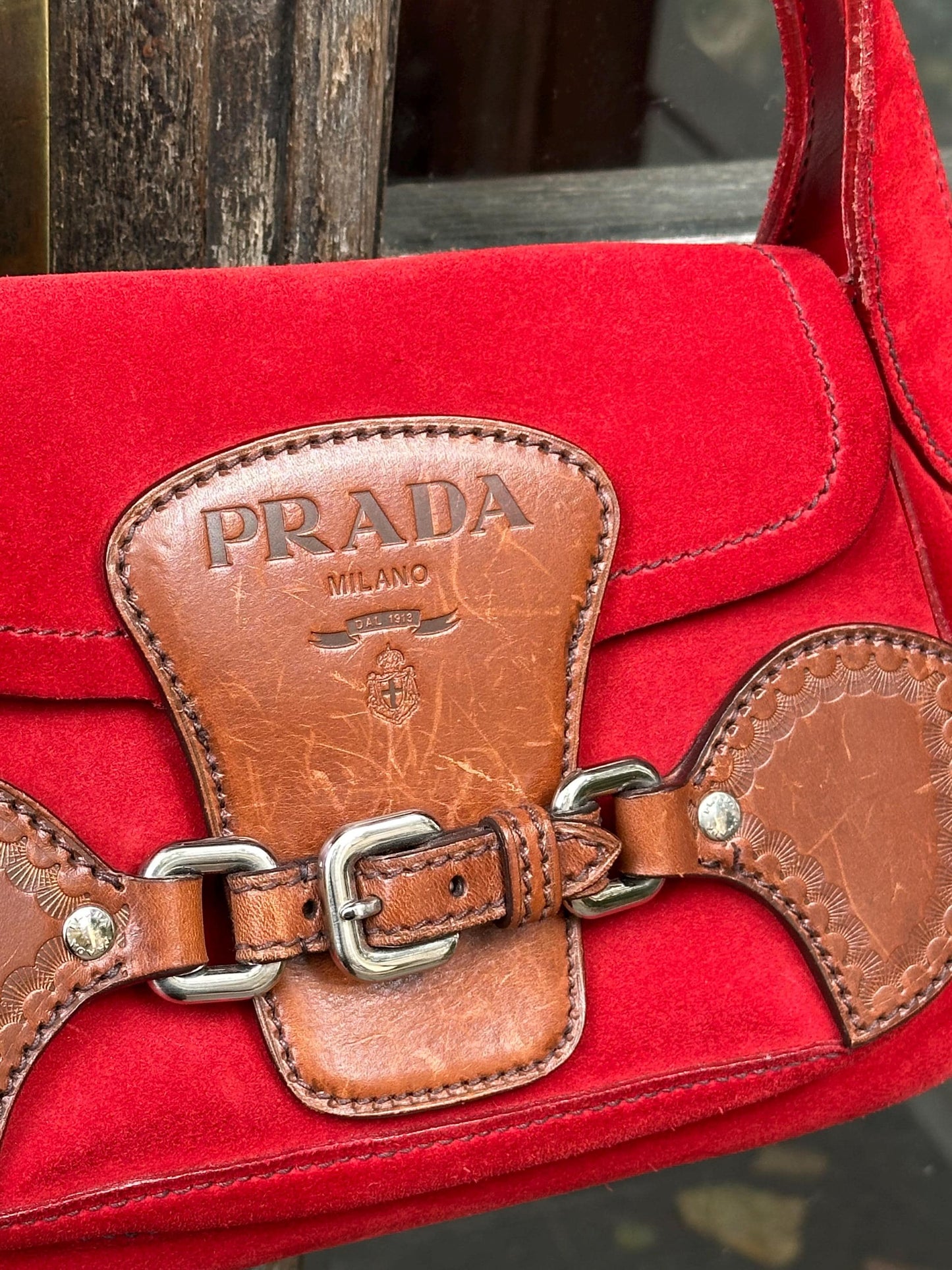 Vintage PRADA suede leather handbag in red