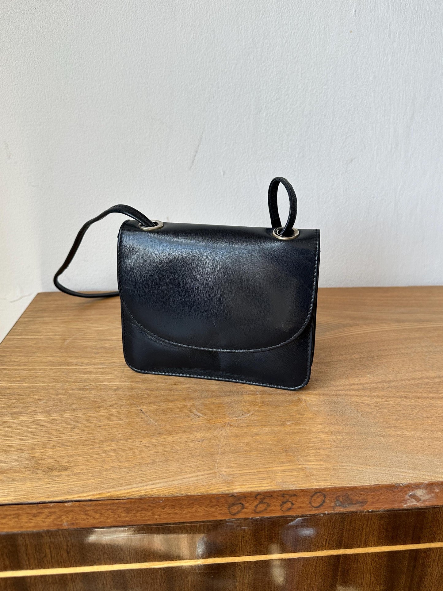 Vintage Black Leather Mini Crossbody Bag | Structured Flap Bag
