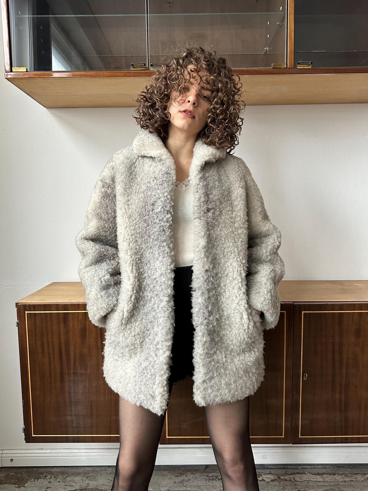 Vintage 80s fitted winter wool coat in grey