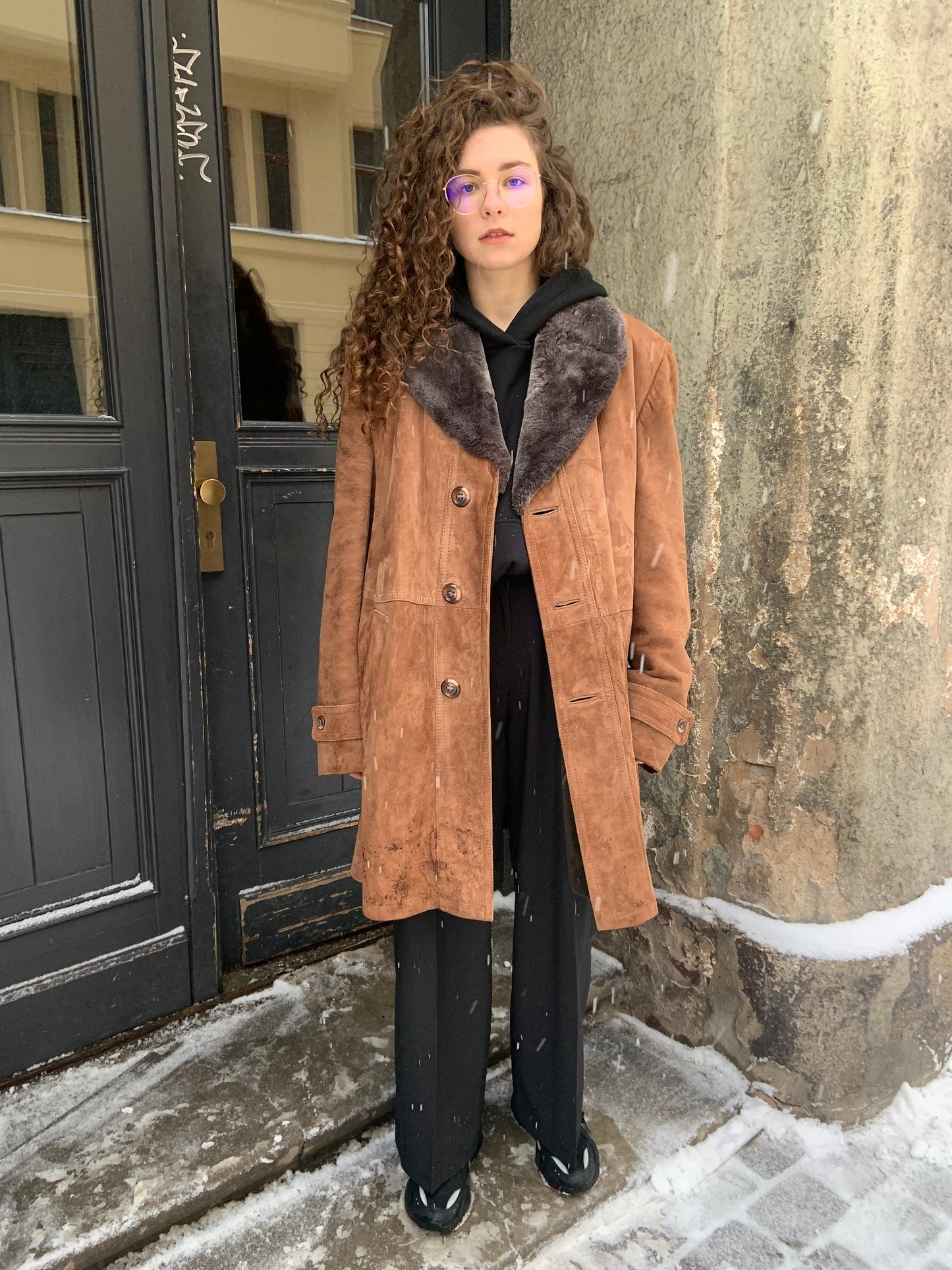 Vintage long sheepskin coat, winter brown leather jacket