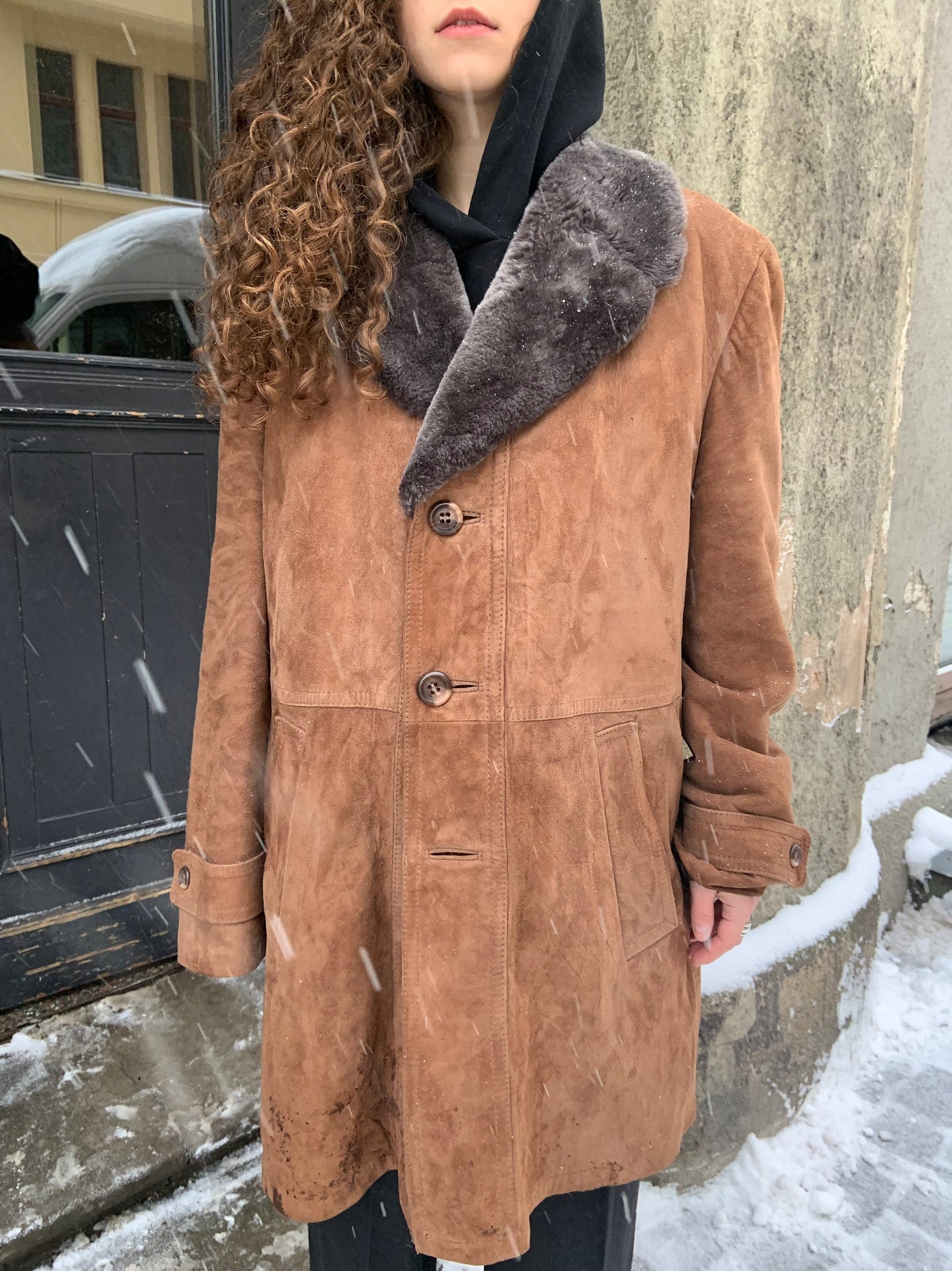 Vintage long sheepskin coat, winter brown leather jacket