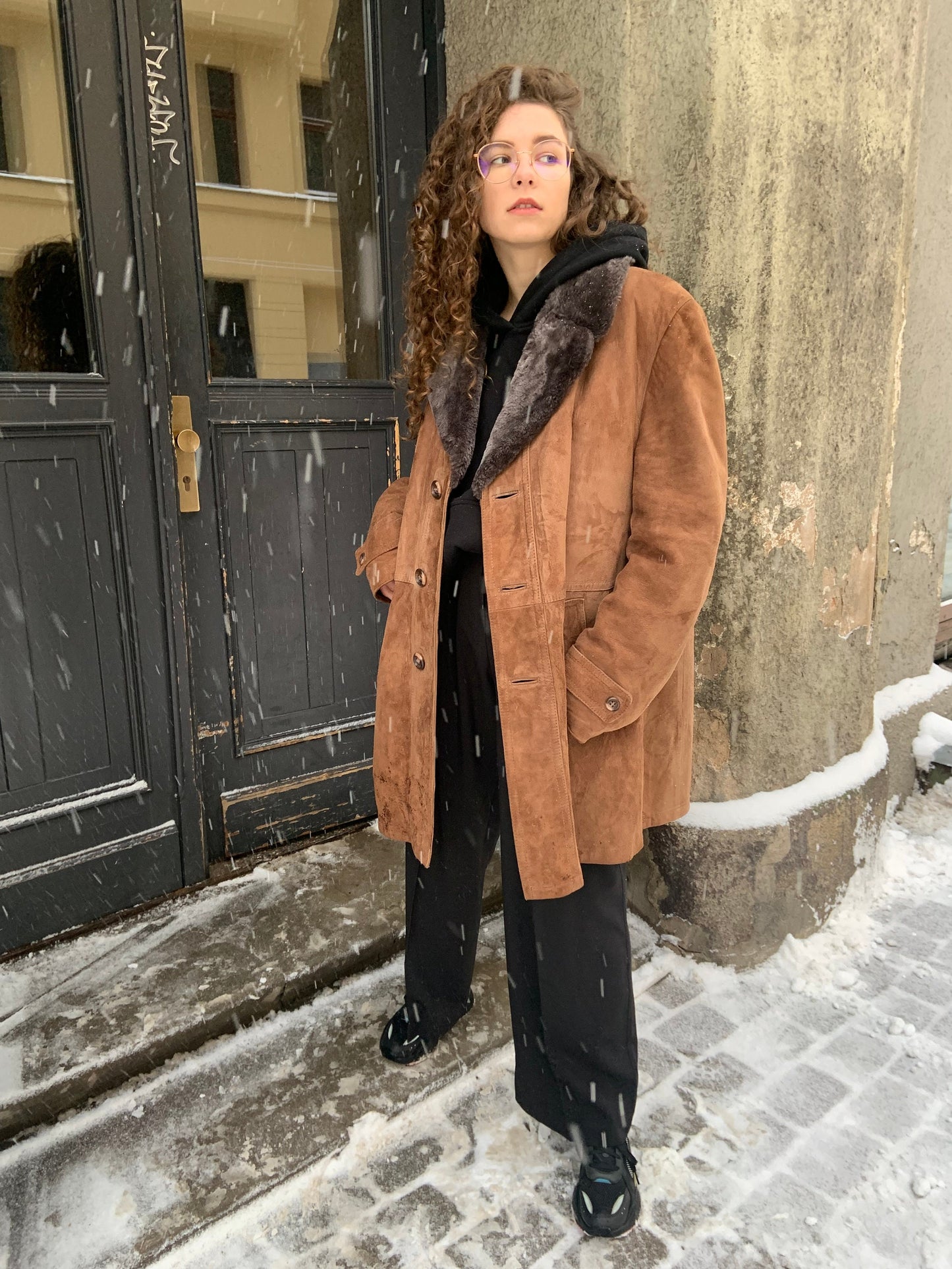 Vintage long sheepskin coat, winter brown leather jacket