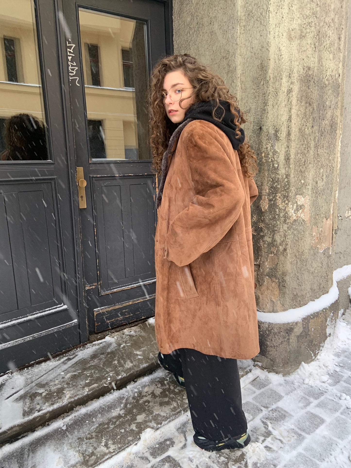 Vintage long sheepskin coat, winter brown leather jacket