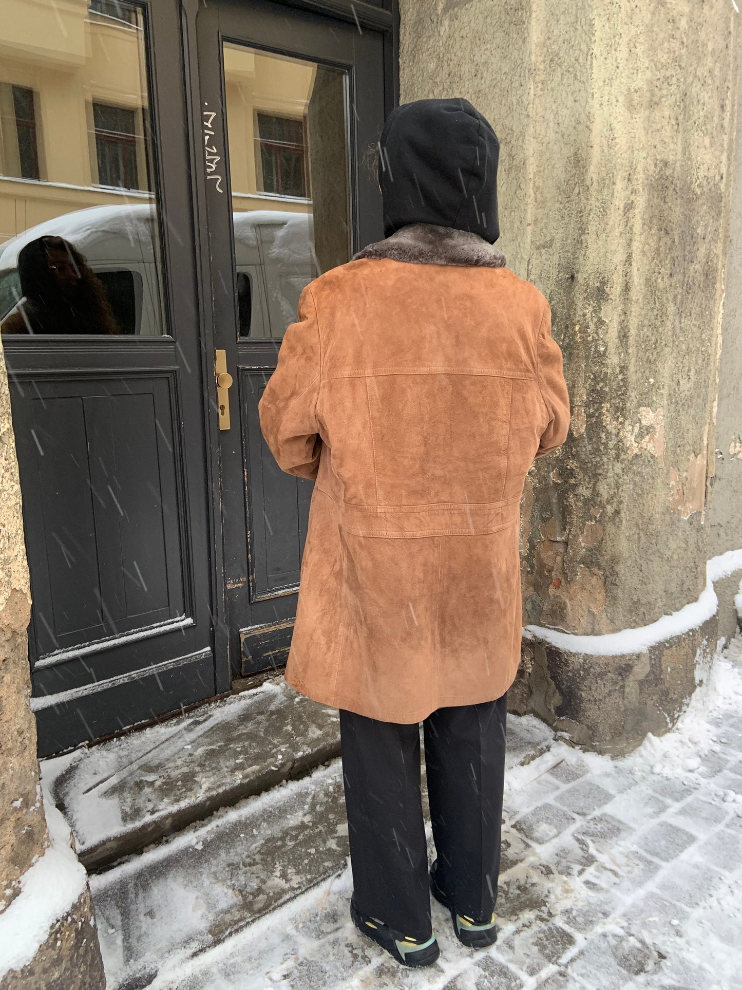 Vintage long sheepskin coat, winter brown leather jacket