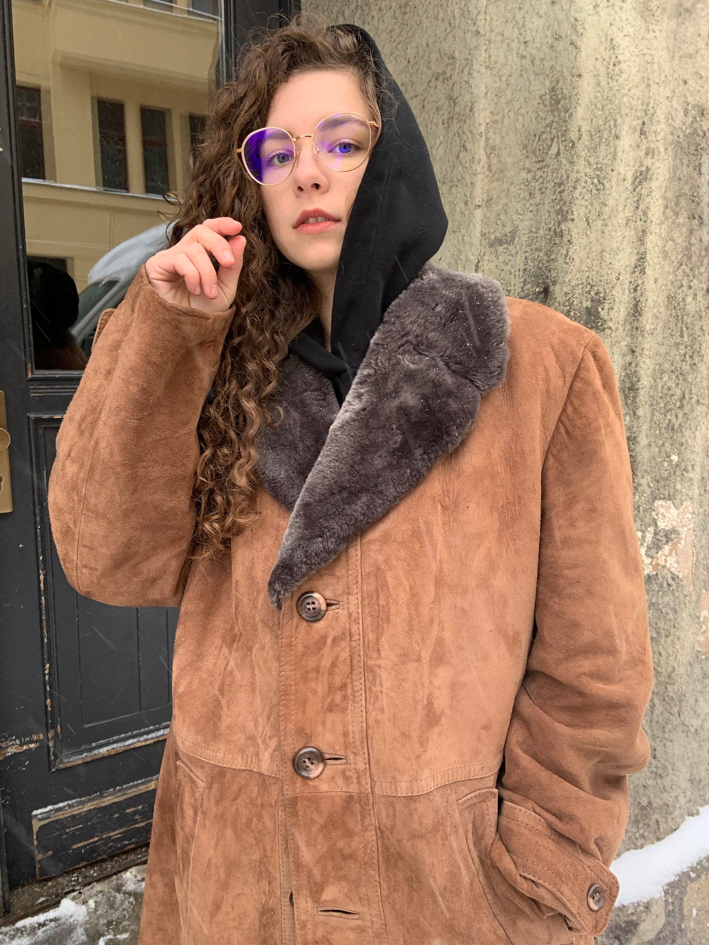 Vintage long sheepskin coat, winter brown leather jacket
