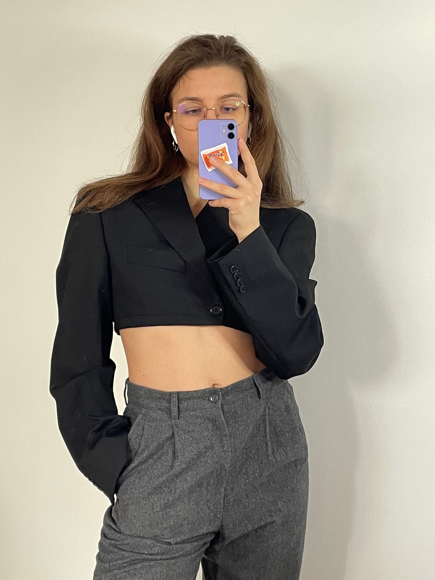 2-pieced cropped blazer and skirt suit, stripped skirt suit, cropped vintage blazer