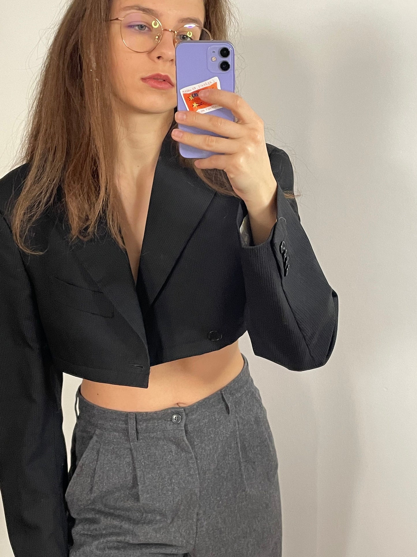 2-pieced cropped blazer and skirt suit, stripped skirt suit, cropped vintage blazer