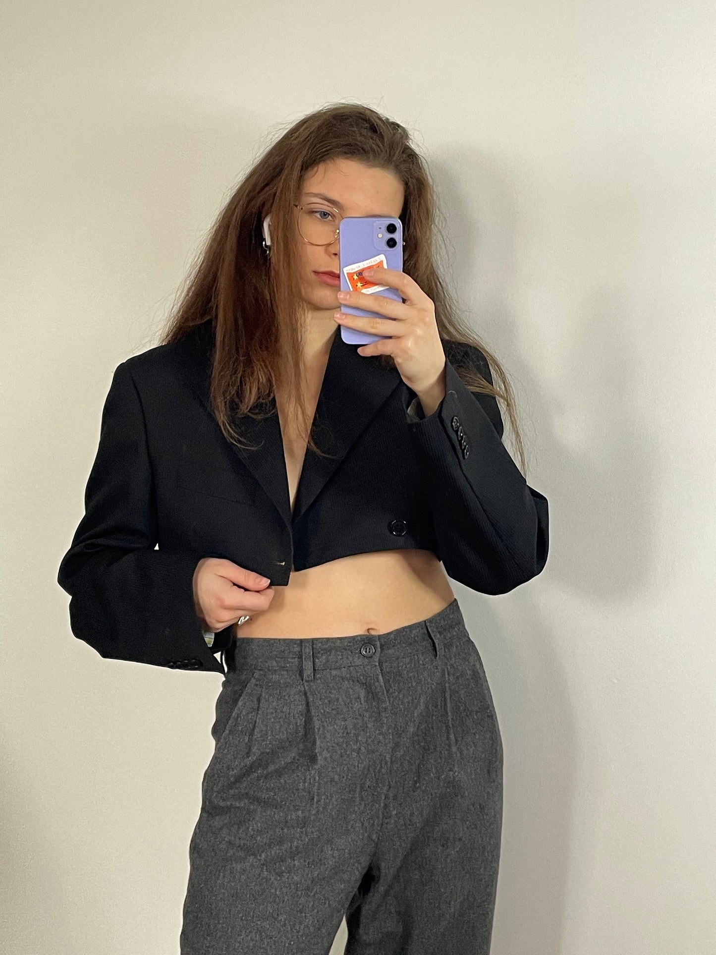 2-pieced cropped blazer and skirt suit, stripped skirt suit, cropped vintage blazer