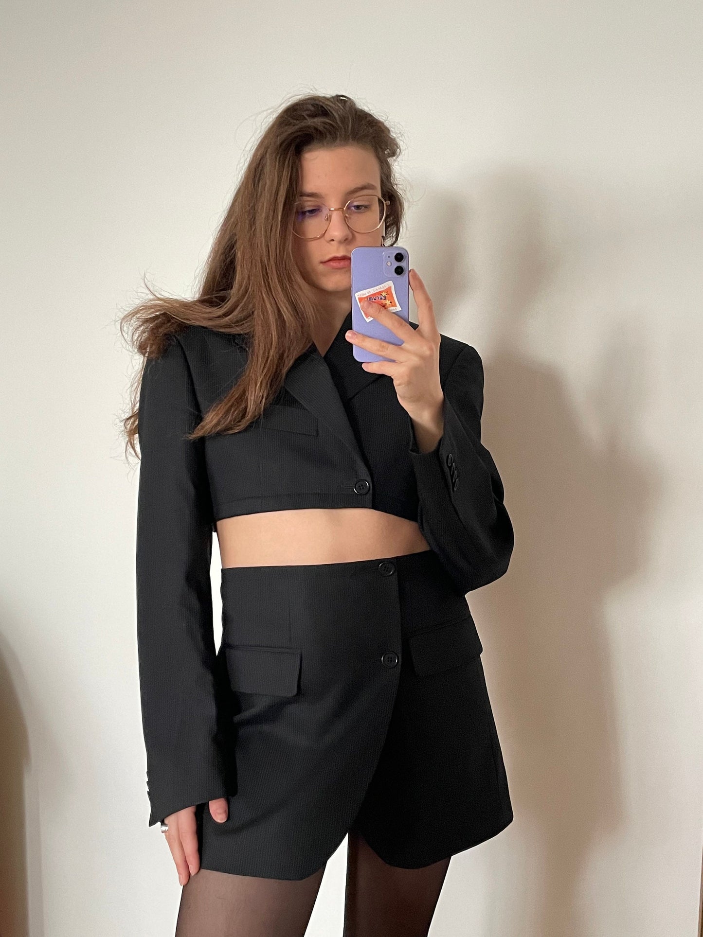 2-pieced cropped blazer and skirt suit, stripped skirt suit, cropped vintage blazer