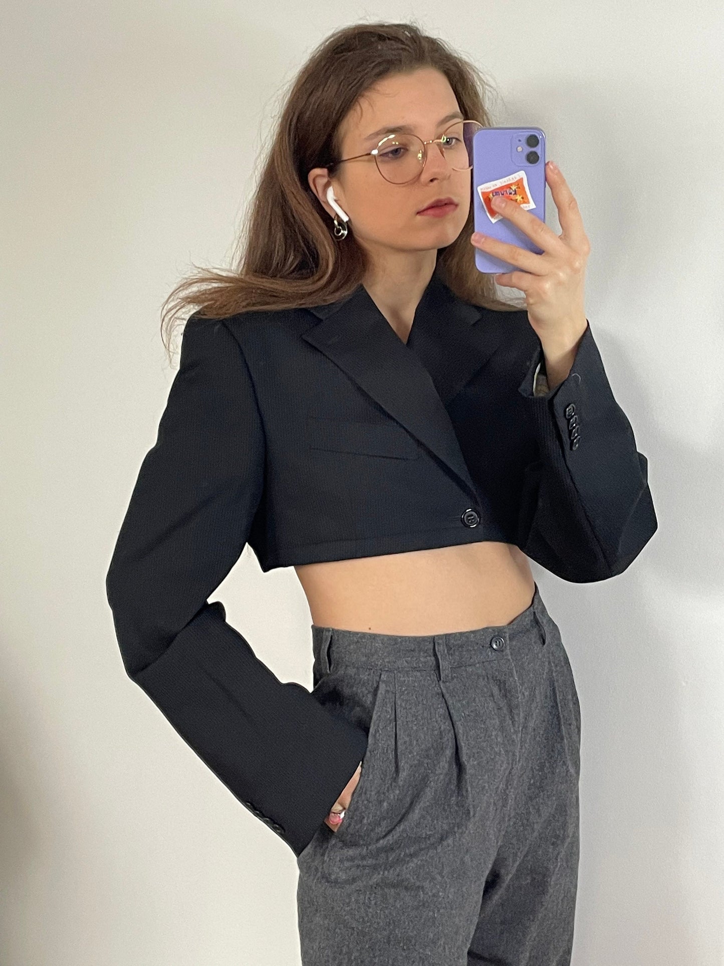 2-pieced cropped blazer and skirt suit, stripped skirt suit, cropped vintage blazer