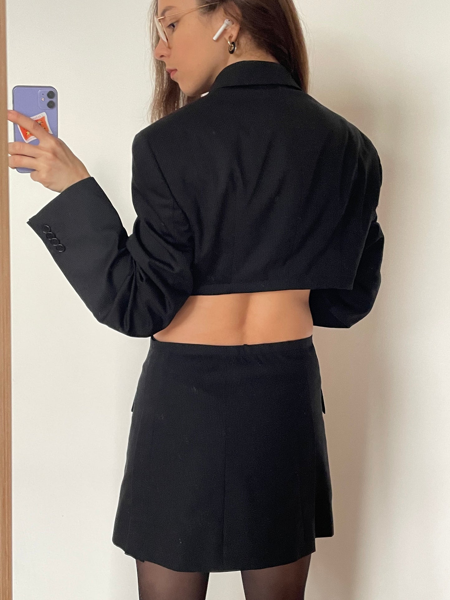 2-pieced cropped blazer and skirt suit, stripped skirt suit, cropped vintage blazer