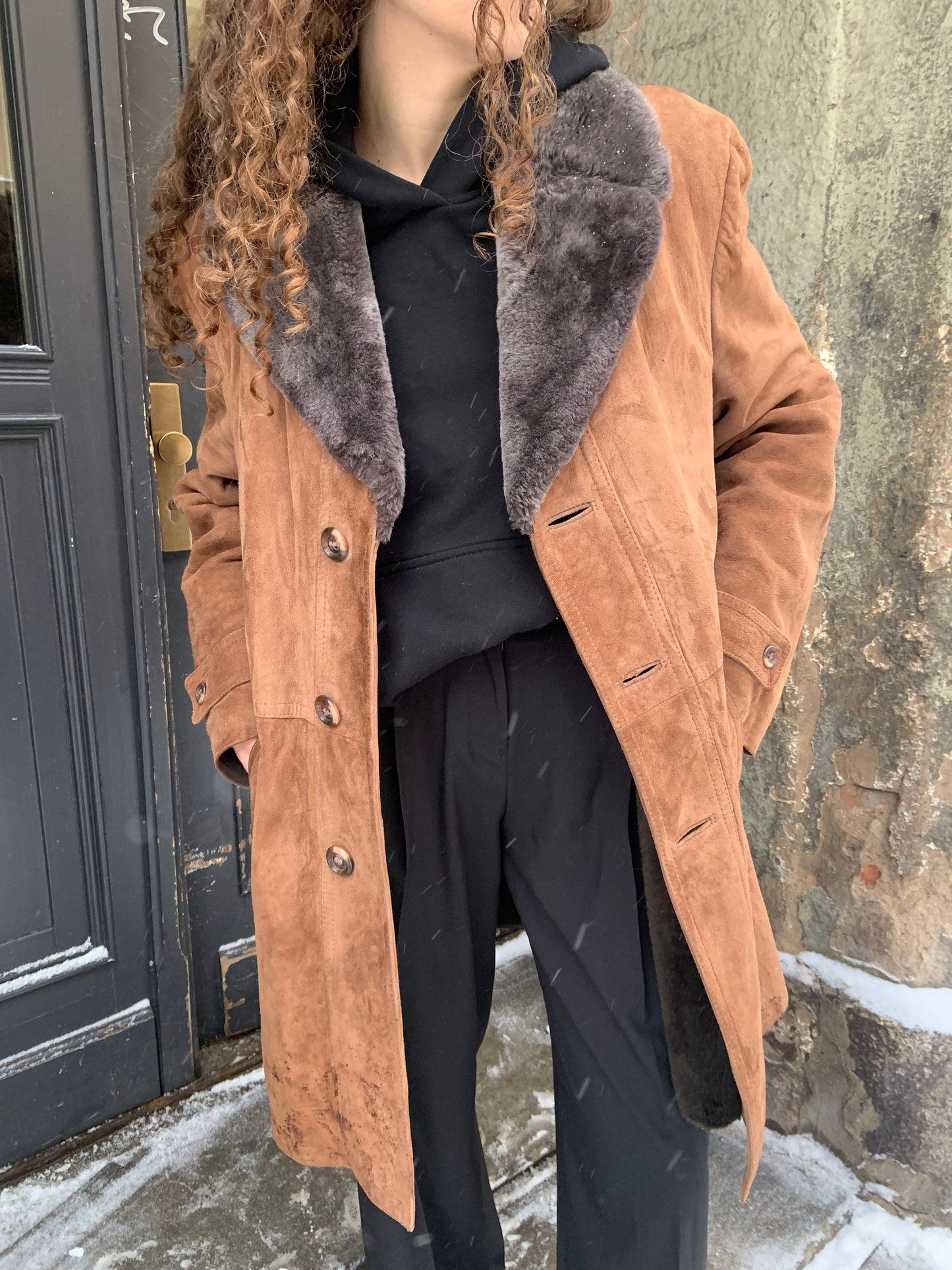 Vintage long sheepskin coat, winter brown leather jacket