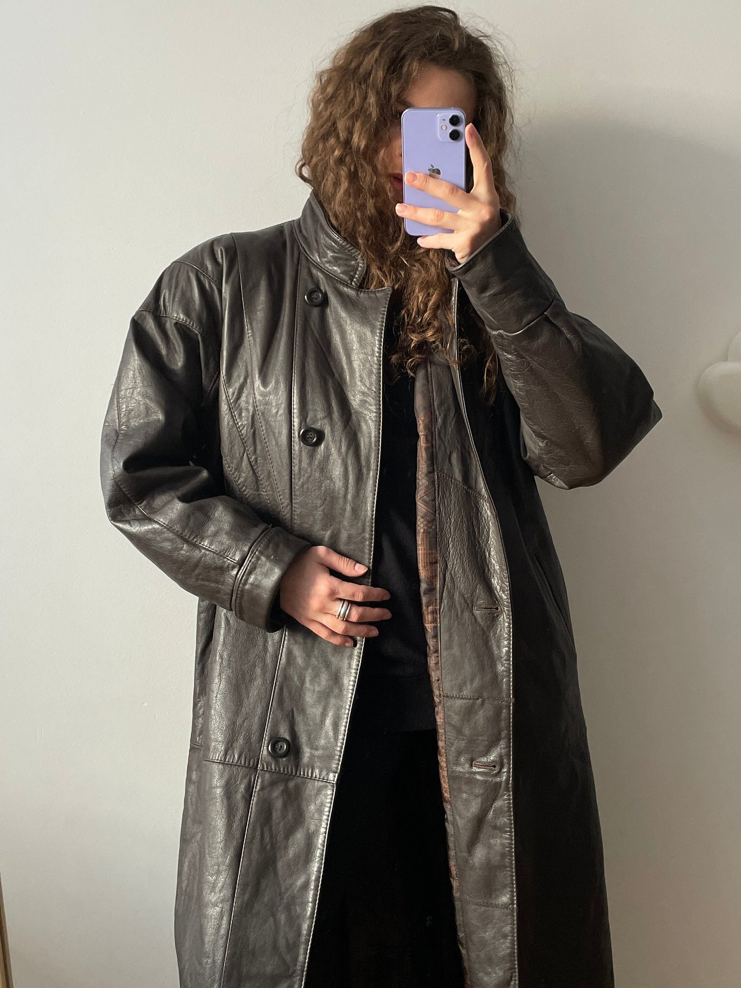 Vintage 90s straight leather coat in brown