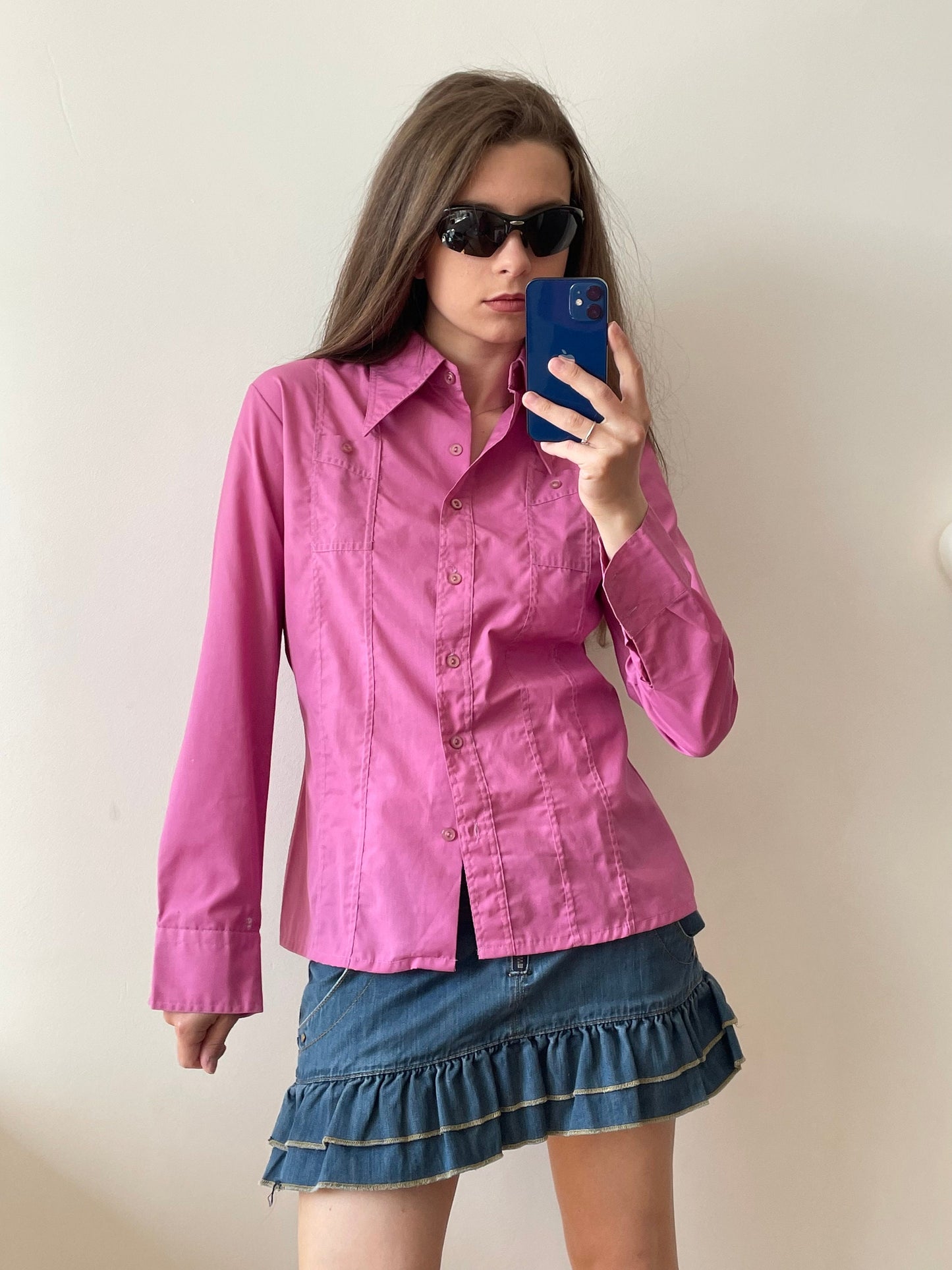Vintage y2k button-up cotton blouse in pink, long-sleeve shirt
