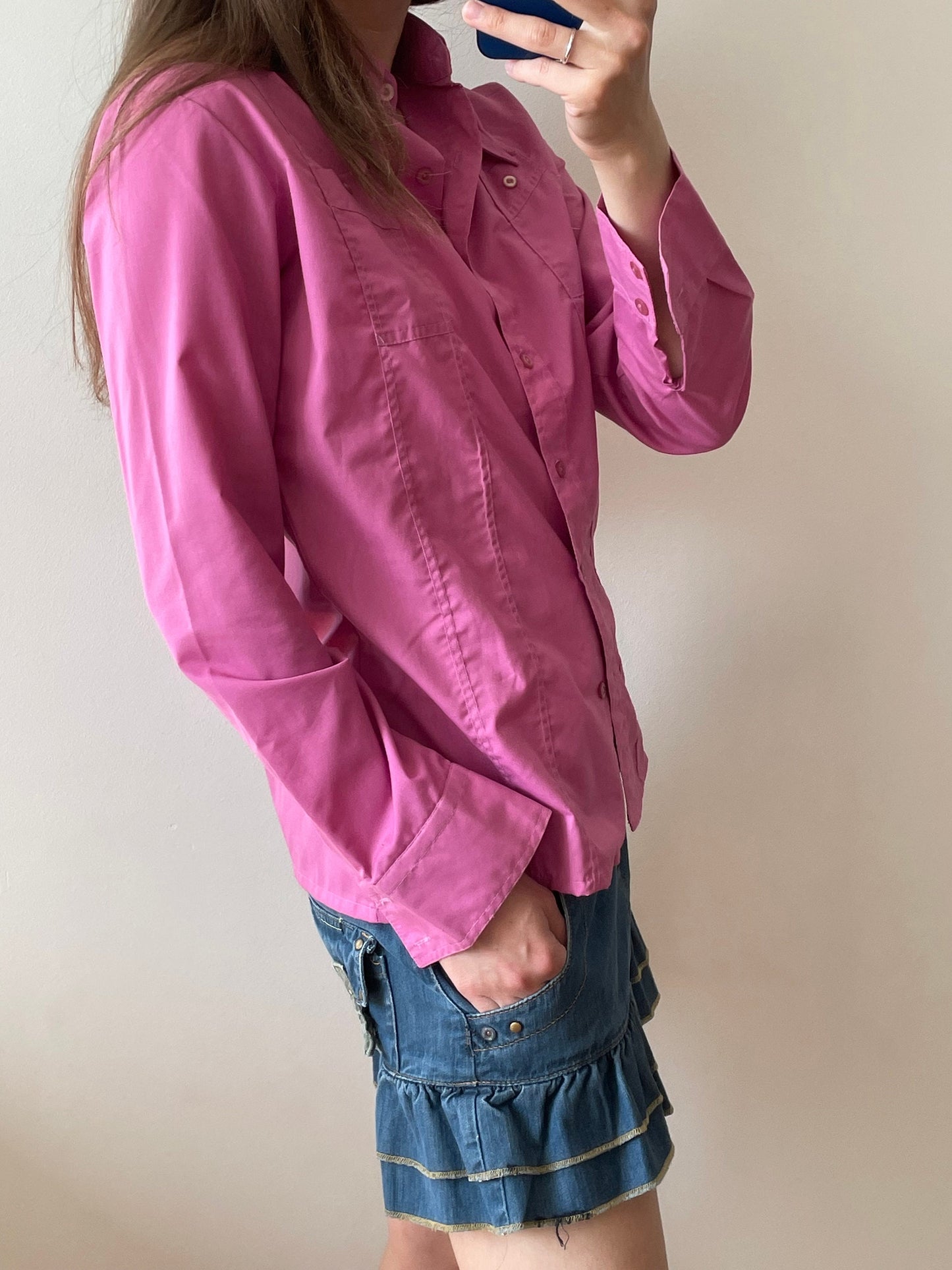 Vintage y2k button-up cotton blouse in pink, long-sleeve shirt