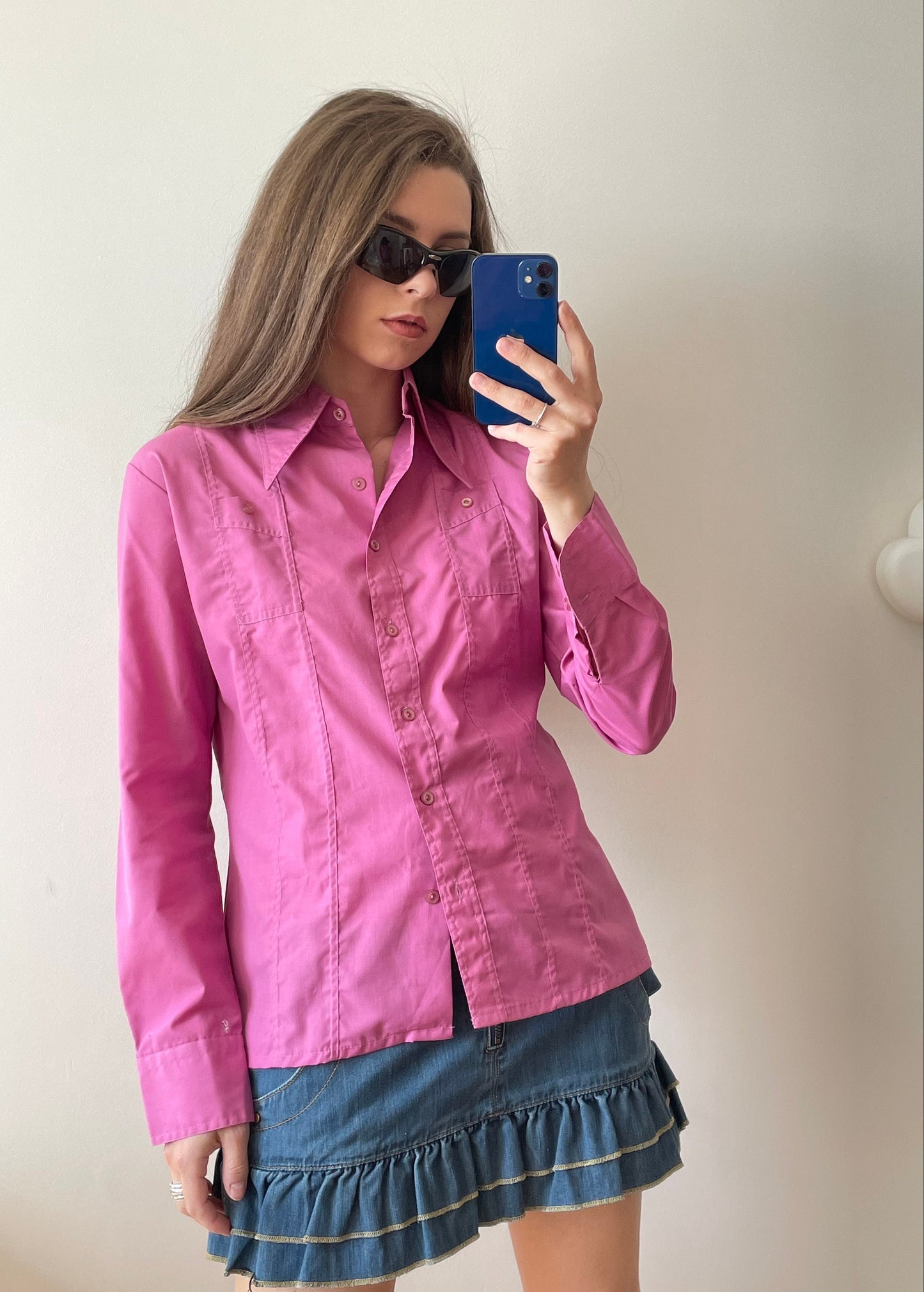 Vintage y2k button-up cotton blouse in pink, long-sleeve shirt