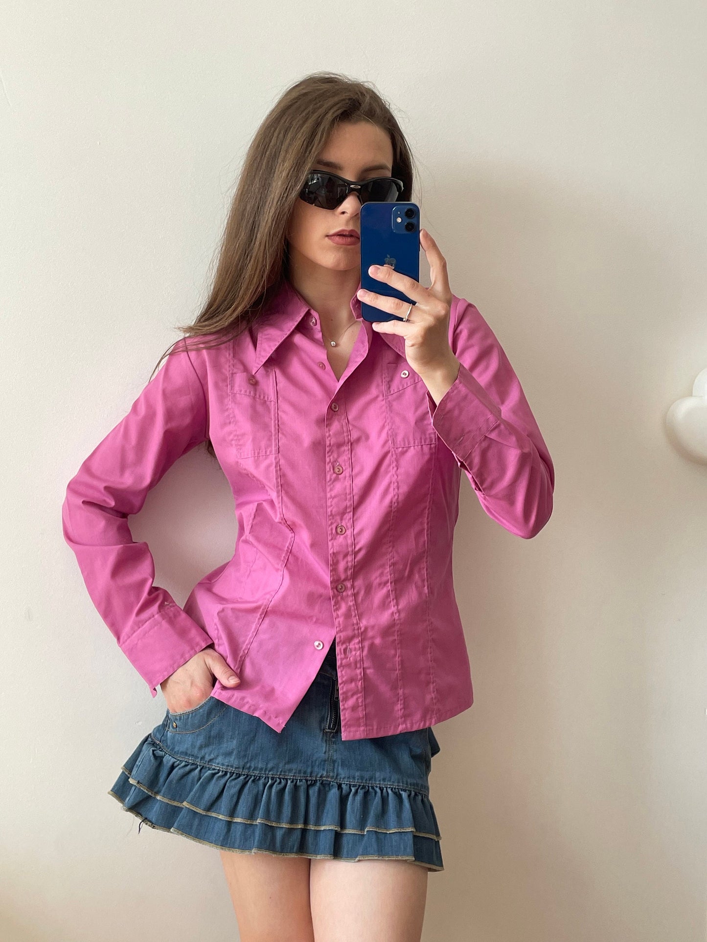 Vintage y2k button-up cotton blouse in pink, long-sleeve shirt