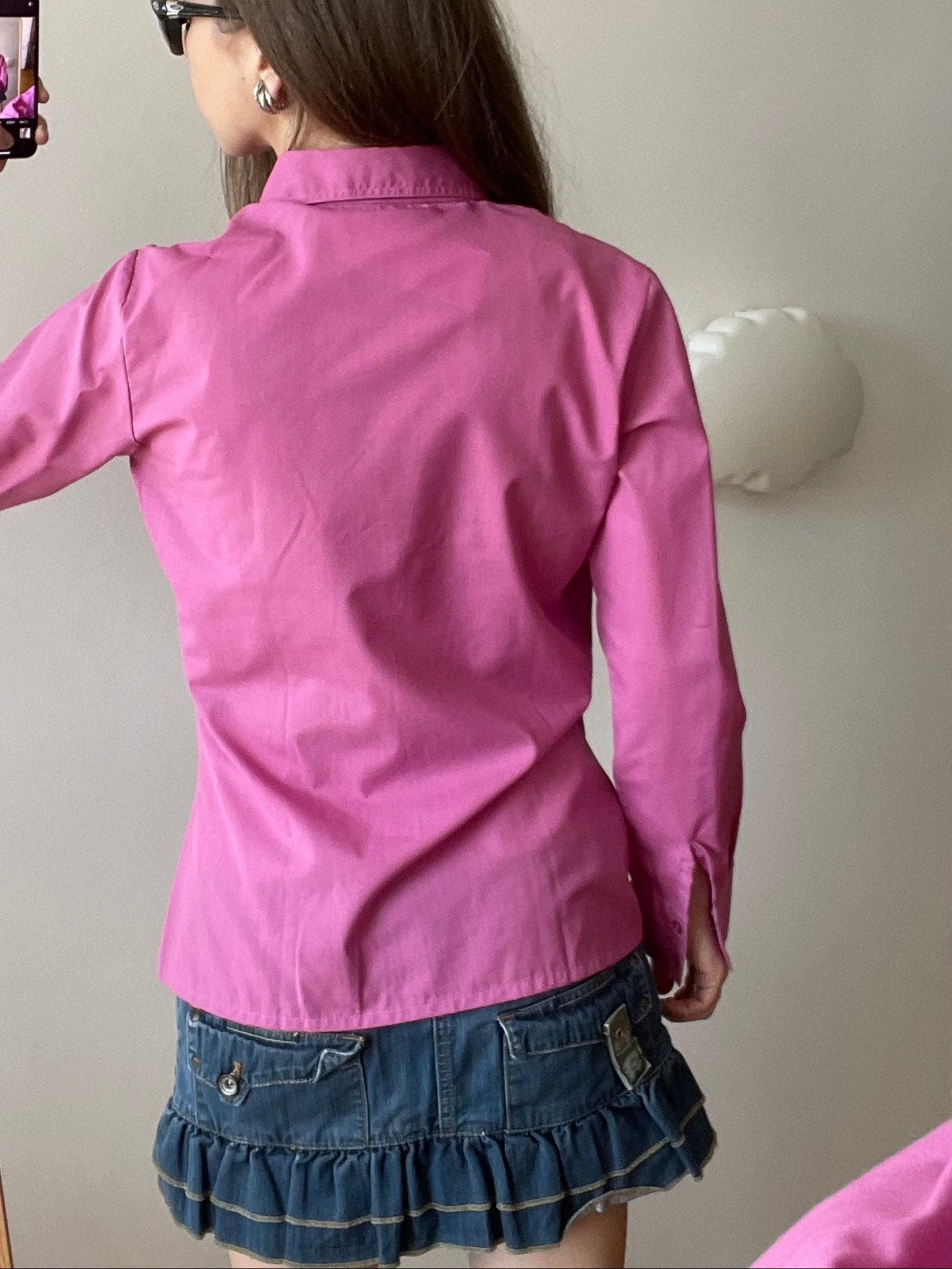 Vintage y2k button-up cotton blouse in pink, long-sleeve shirt