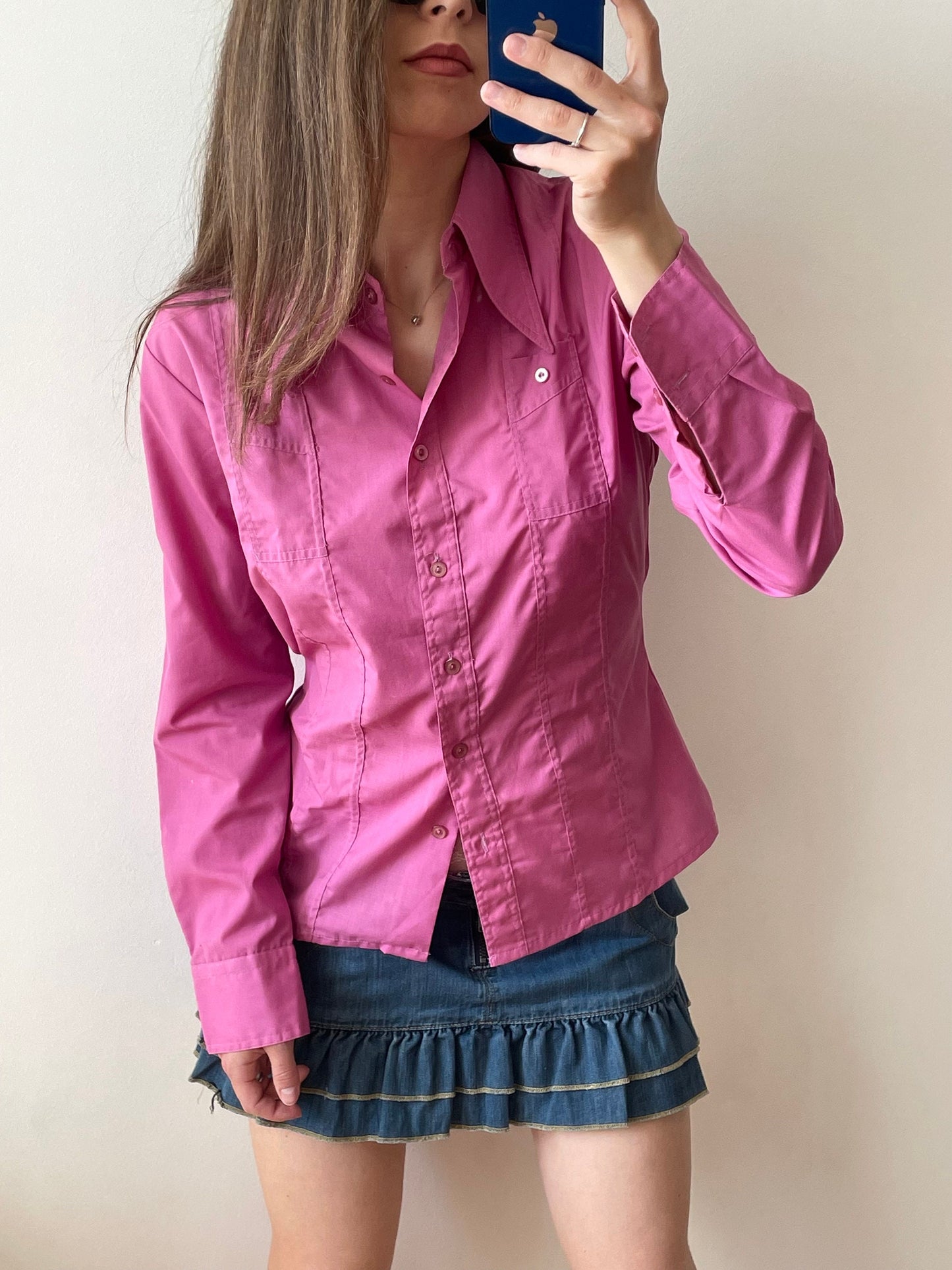 Vintage y2k button-up cotton blouse in pink, long-sleeve shirt