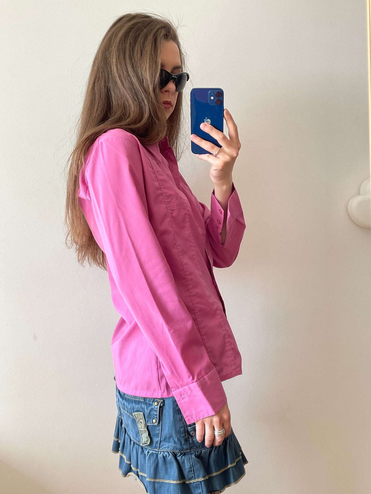 Vintage y2k button-up cotton blouse in pink, long-sleeve shirt