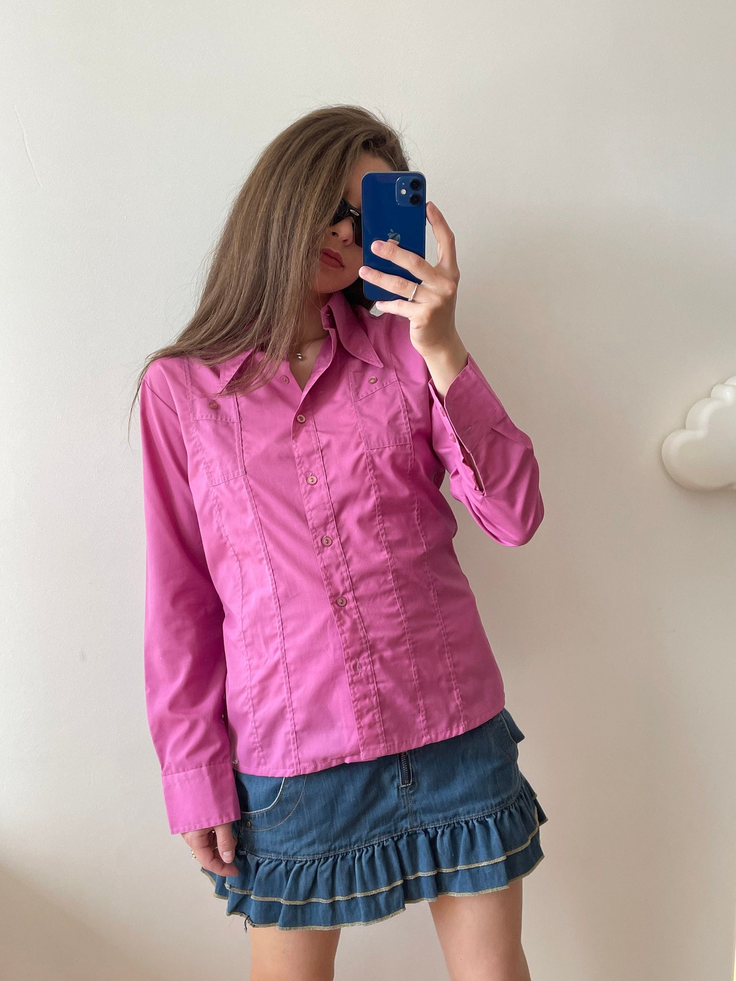 Vintage y2k button-up cotton blouse in pink, long-sleeve shirt