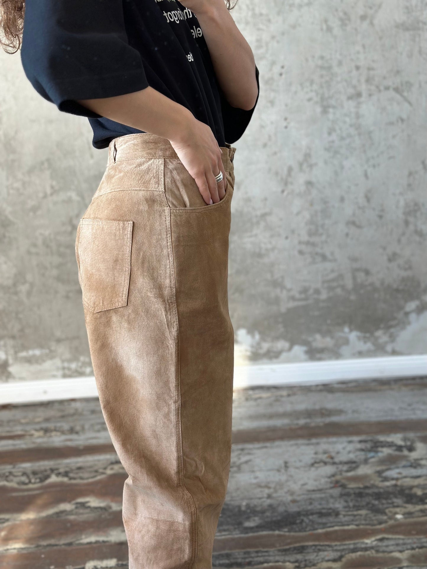 Vintage genuine leather trousers in beige, baggy leather pants