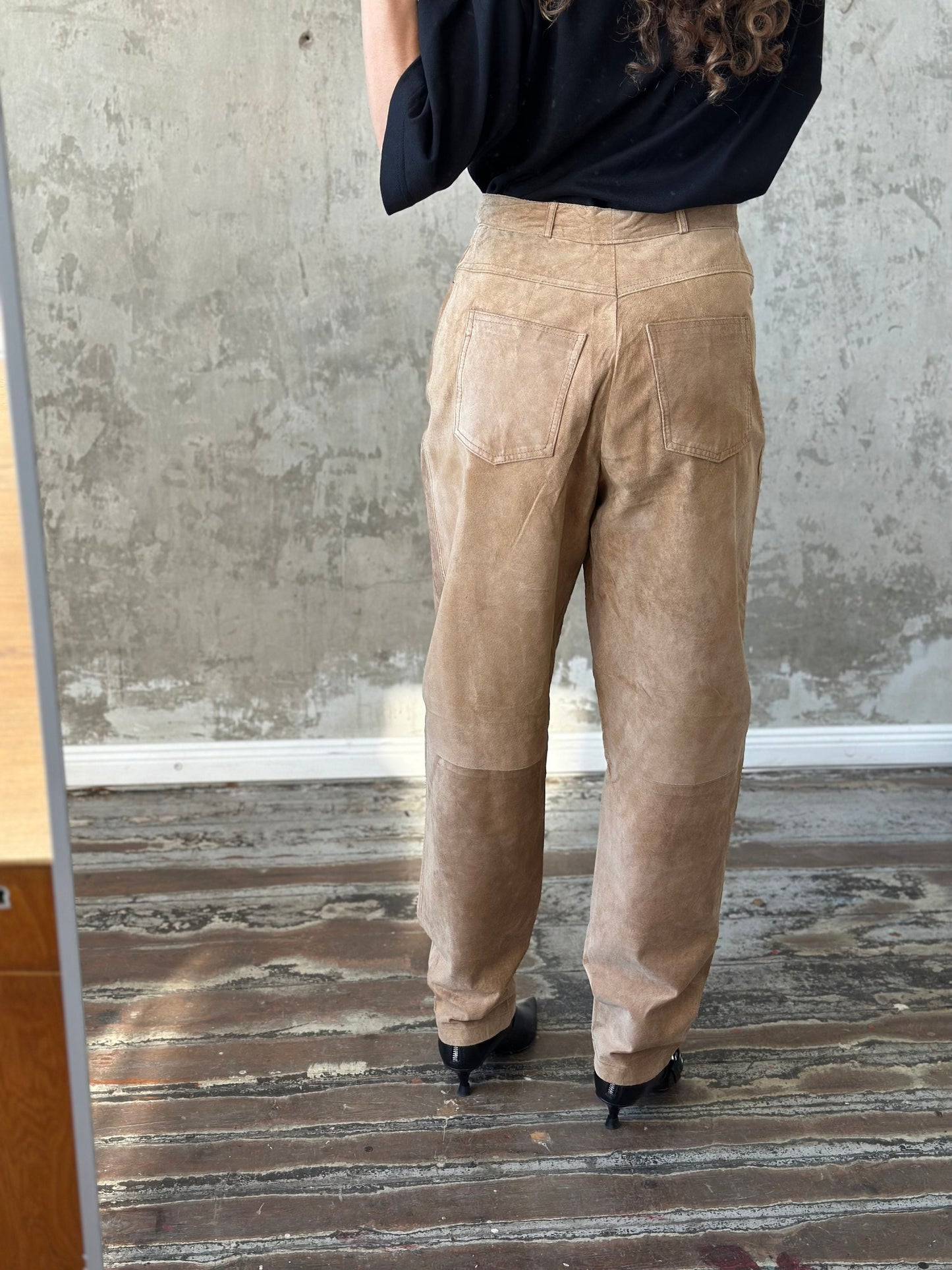 Vintage genuine leather trousers in beige, baggy leather pants