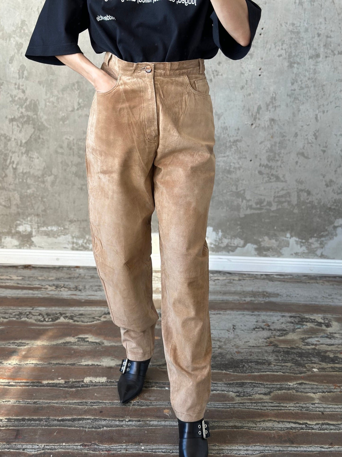 Vintage genuine leather trousers in beige, baggy leather pants