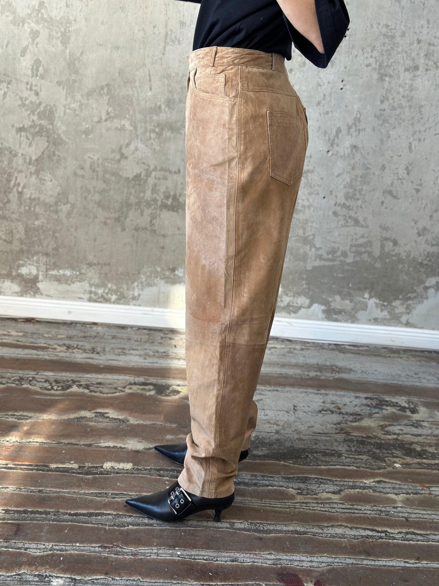 Vintage genuine leather trousers in beige, baggy leather pants