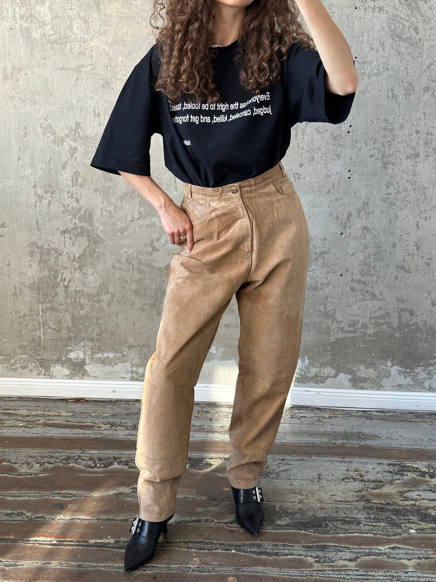 Vintage genuine leather trousers in beige, baggy leather pants